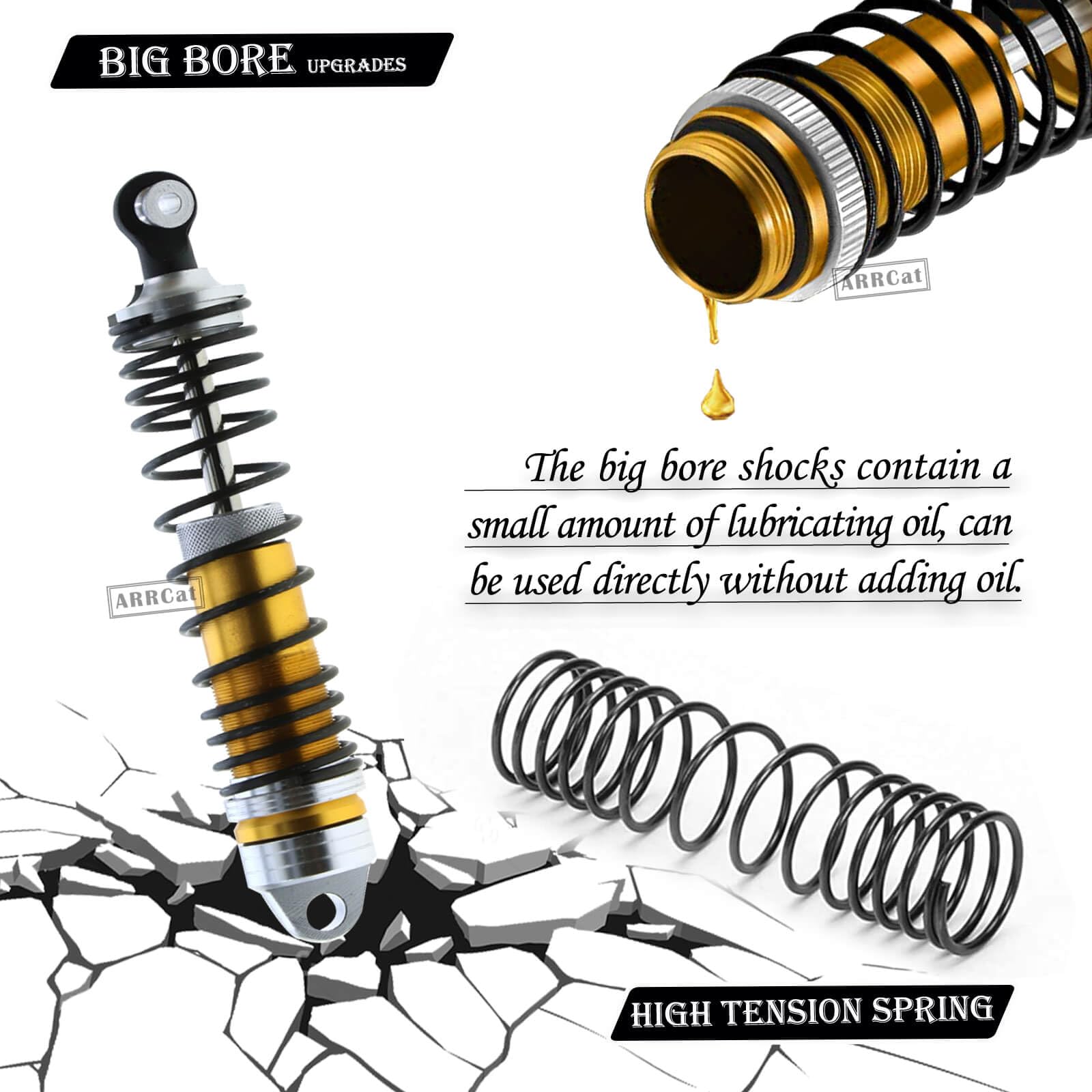 Upgraded 4PCS Front & Rear Aluminum Big Bore Shocks for ECX 1/10 2WD Ruckus Axe Brutus Circuit AMP MT AMP DB AMP Crush K&N Torment - Full Metal Dampers & Hops Up Absorbers (Gold) - Perfect for Off-Road RC Racing & Performance Tuning