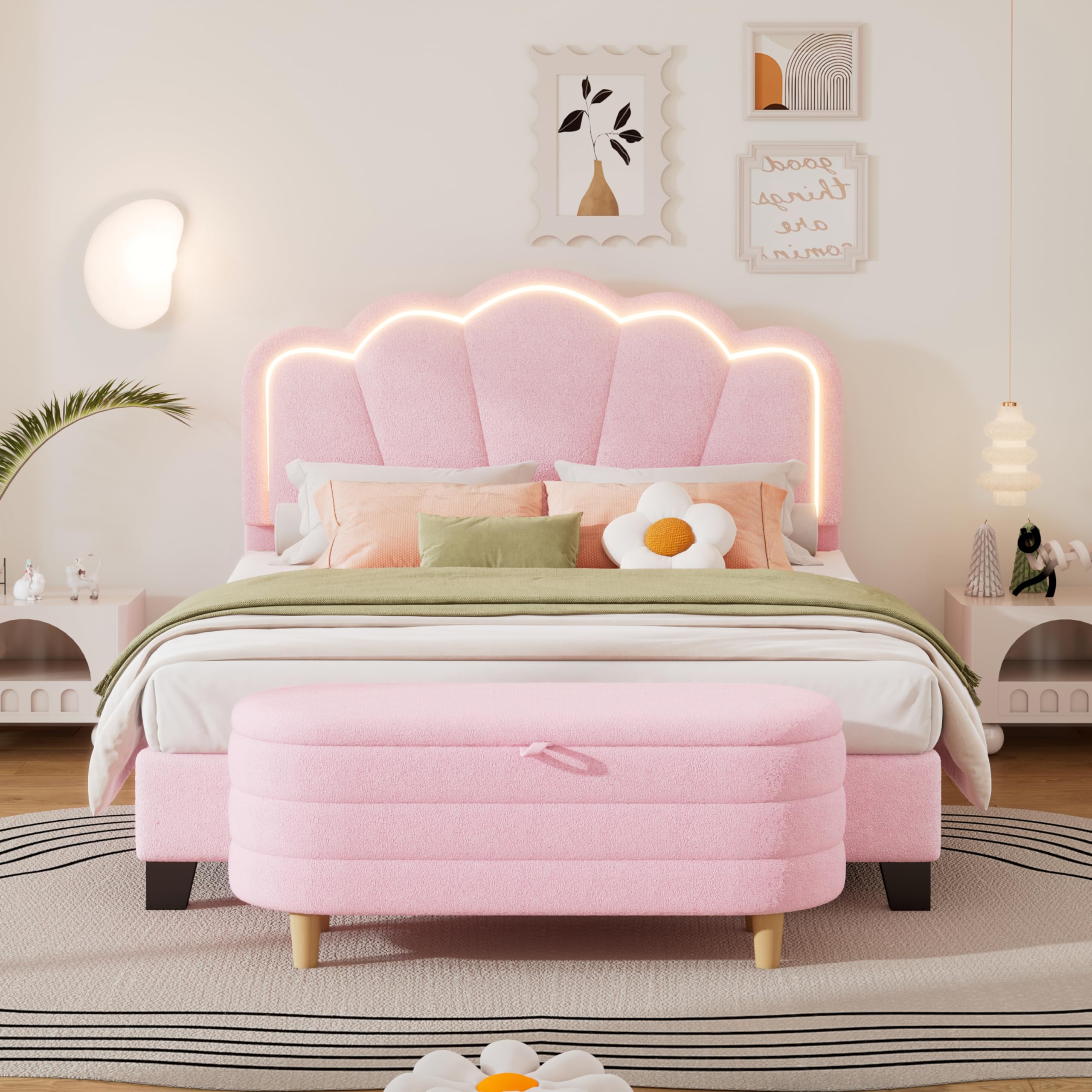 SOFTSEA Full Size Upholstered Platform Bed with LED Lights & Storage Ottoman - 2 Piece Pink Bedroom Furniture Set for Girls, Teens & Adults | Modern Bed Frame with Underbed Storage & Nightstand Alternative | Perfect for Small Spaces, Dorm Rooms & Master Bedrooms
