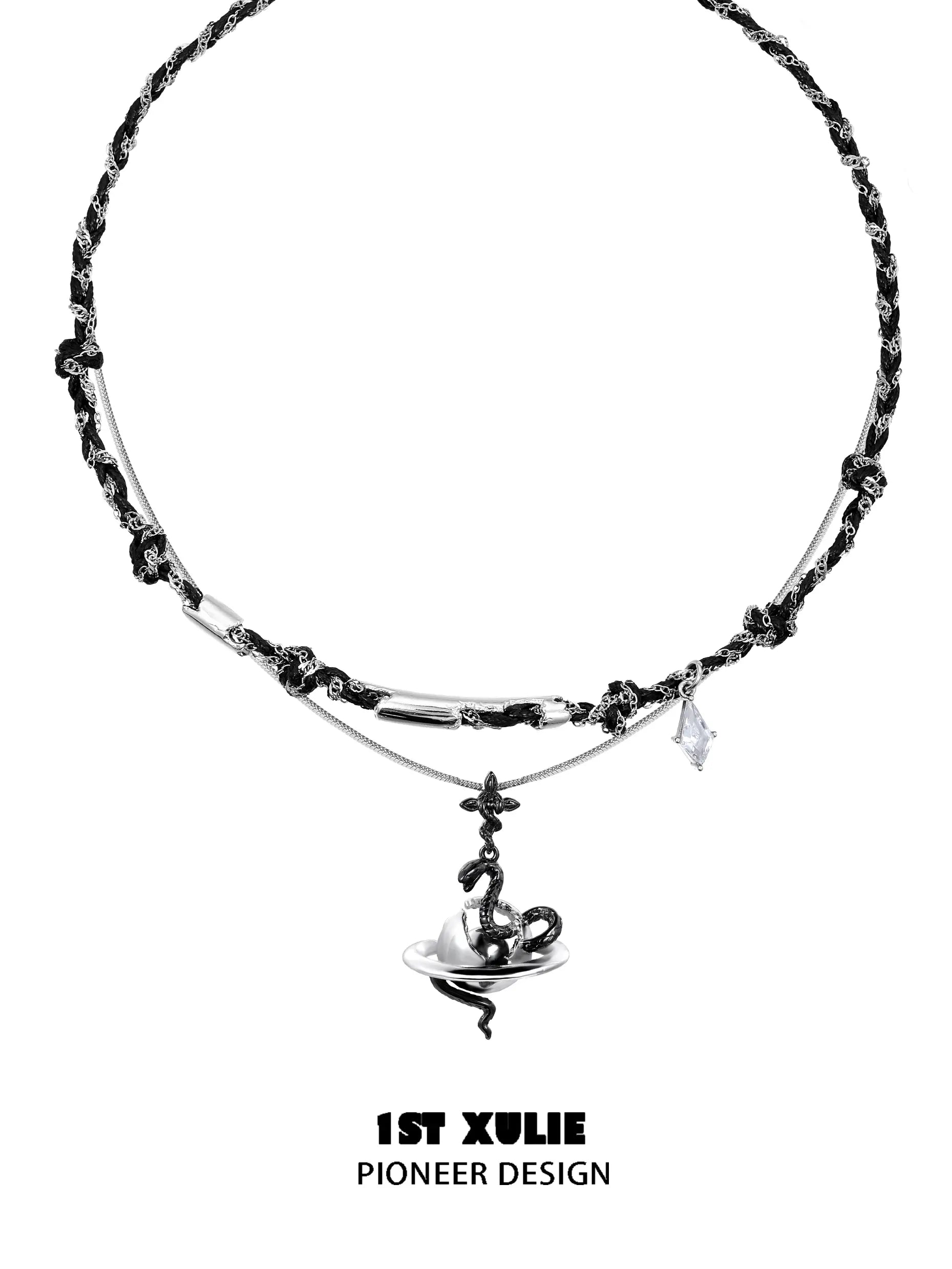 18k Platinum Plated Snake Bite Serpent Link Pendant Necklace - White & Black Entwined Design for Gothic Jewelry Lovers | Perfect for Halloween, Dark Fashion & Statement Accessories