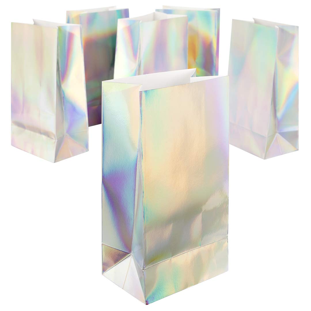 Andaz Press 25 Pack Iridescent Holographic Silver Foil Party Treat Bags - 4.5 x 8.5 Inch Gift Favor Bags for Birthday, Wedding, Baby Shower & Holiday Events - Perfect for Guest Favors, Thank You Gifts & Goodie Bags