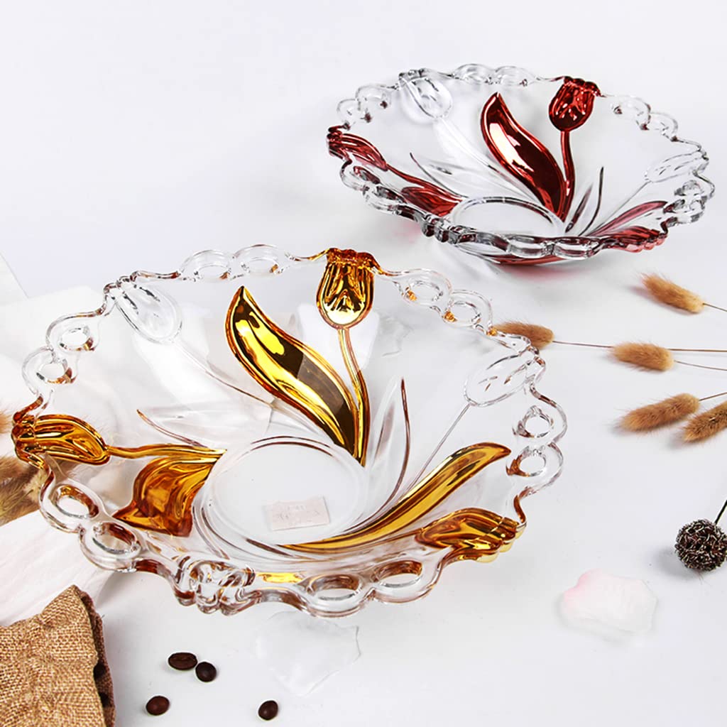 Crystal Glass Fruit Bowl with Golden Tulip Design - Elegant Serving Dish for Fruits, Snacks, Nuts | Perfect for Living Room, Kitchen, Coffee Table, Hotel Decor & Home Decoration