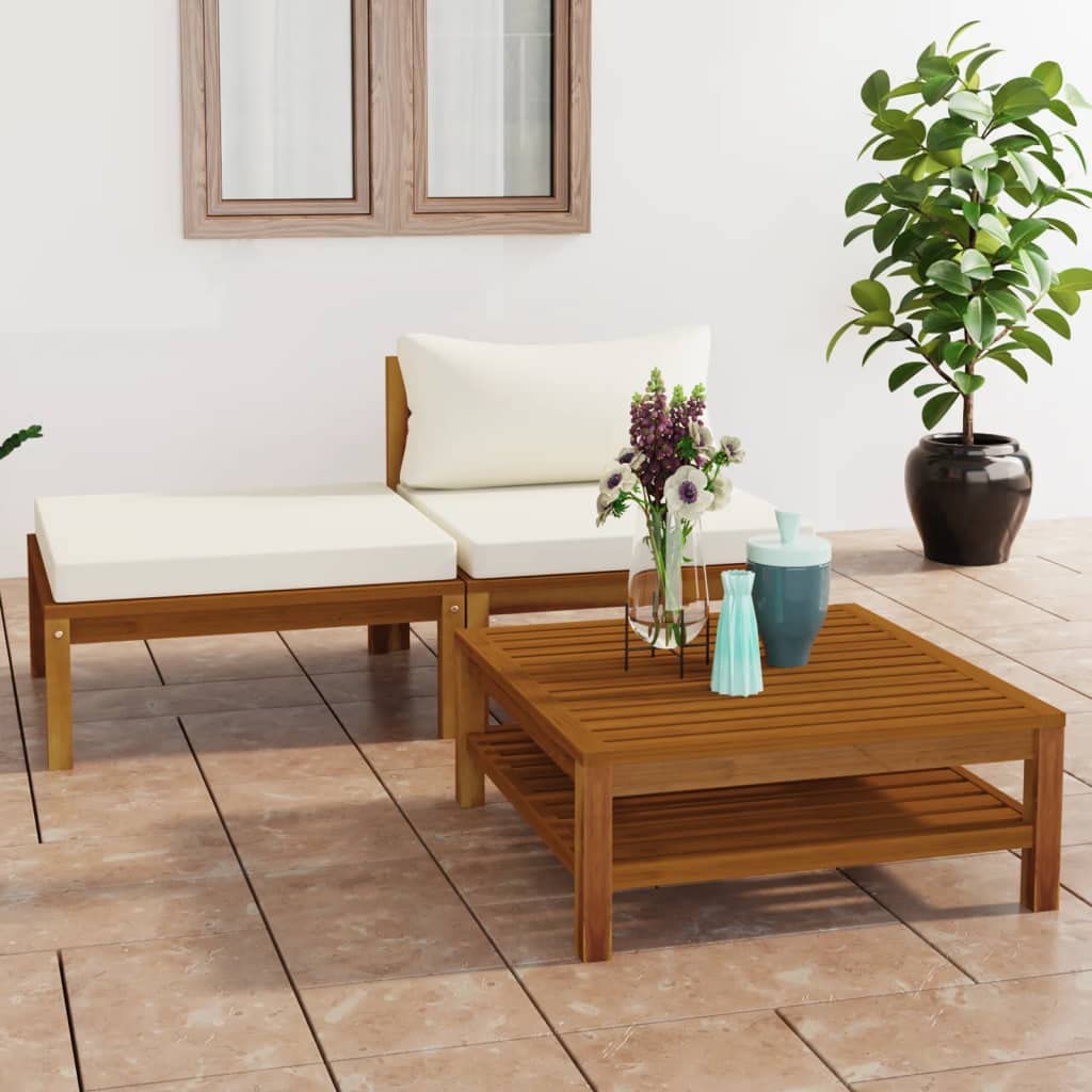 3 Piece Patio Lounge Set with Cream White Cushions - Outdoor Sectional Sofa & Couch Set - Acacia Wood Furniture for Front Porch, Backyard, Balcony or Garden - Perfect for Relaxing, Entertaining & Outdoor Lounging