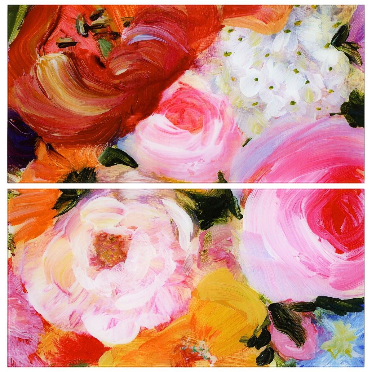 Blossoms in Rouge & Blush - Set of 2 Oversized 72x36 Inch Frameless Floating Reverse Printed Tempered Glass Wall Art Panels - Modern Home Decor for Living Room, Bedroom & Office