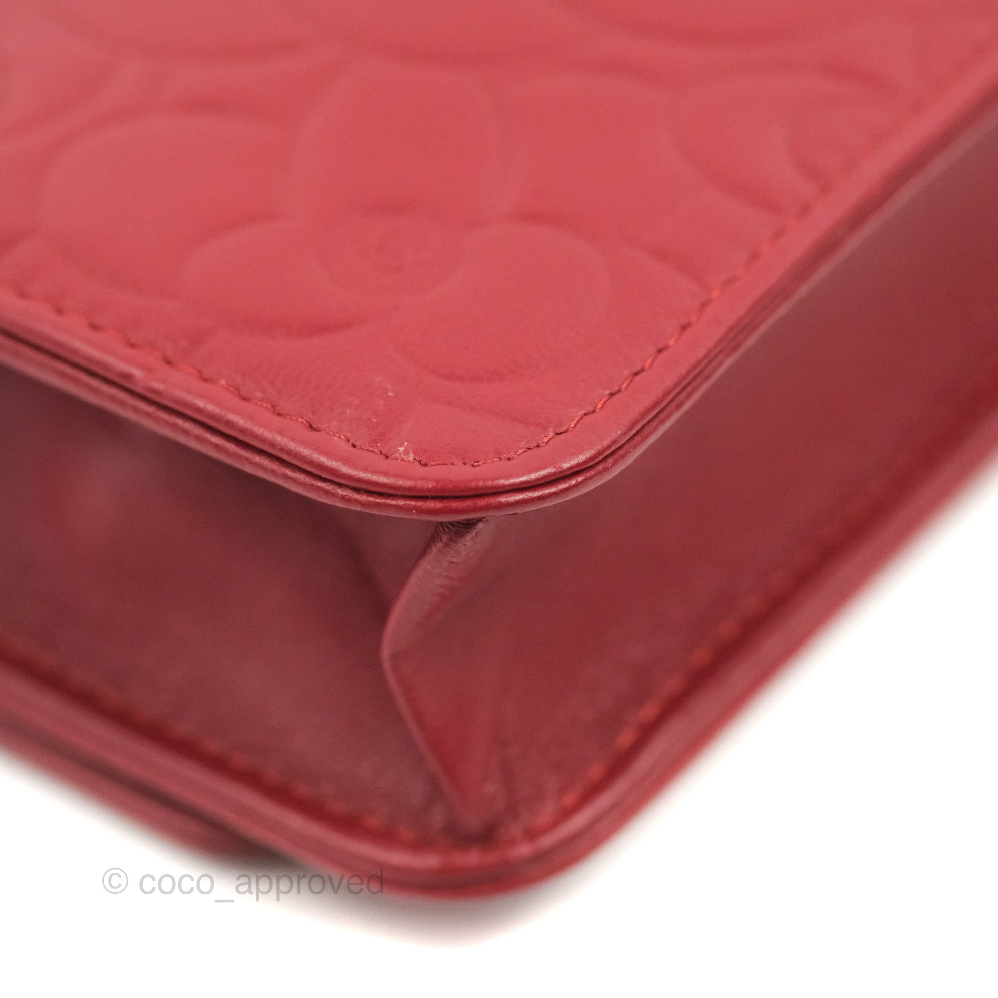 Chanel Camellia Embossed Wallet on Chain WOC in Red Lambskin with Silver Hardware - Luxury Crossbody Bag for Women, Perfect for Evening Events & Date Nights