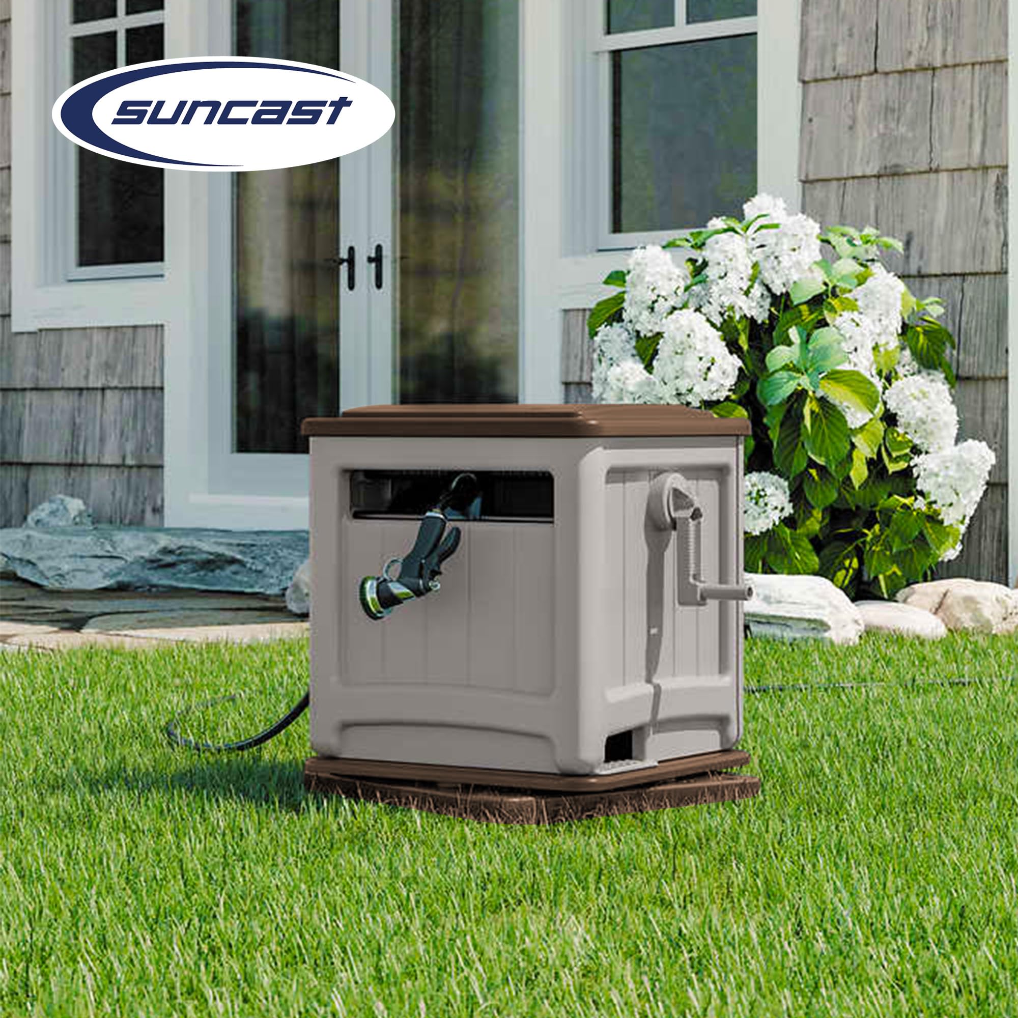 Suncast Swivel Hose Reel Storage Hideaway with Smart Trak Hose Guide & Bin (2 Pack) - Durable Outdoor Garden Water Hose Organizer for Yard, Patio, and Garage Use