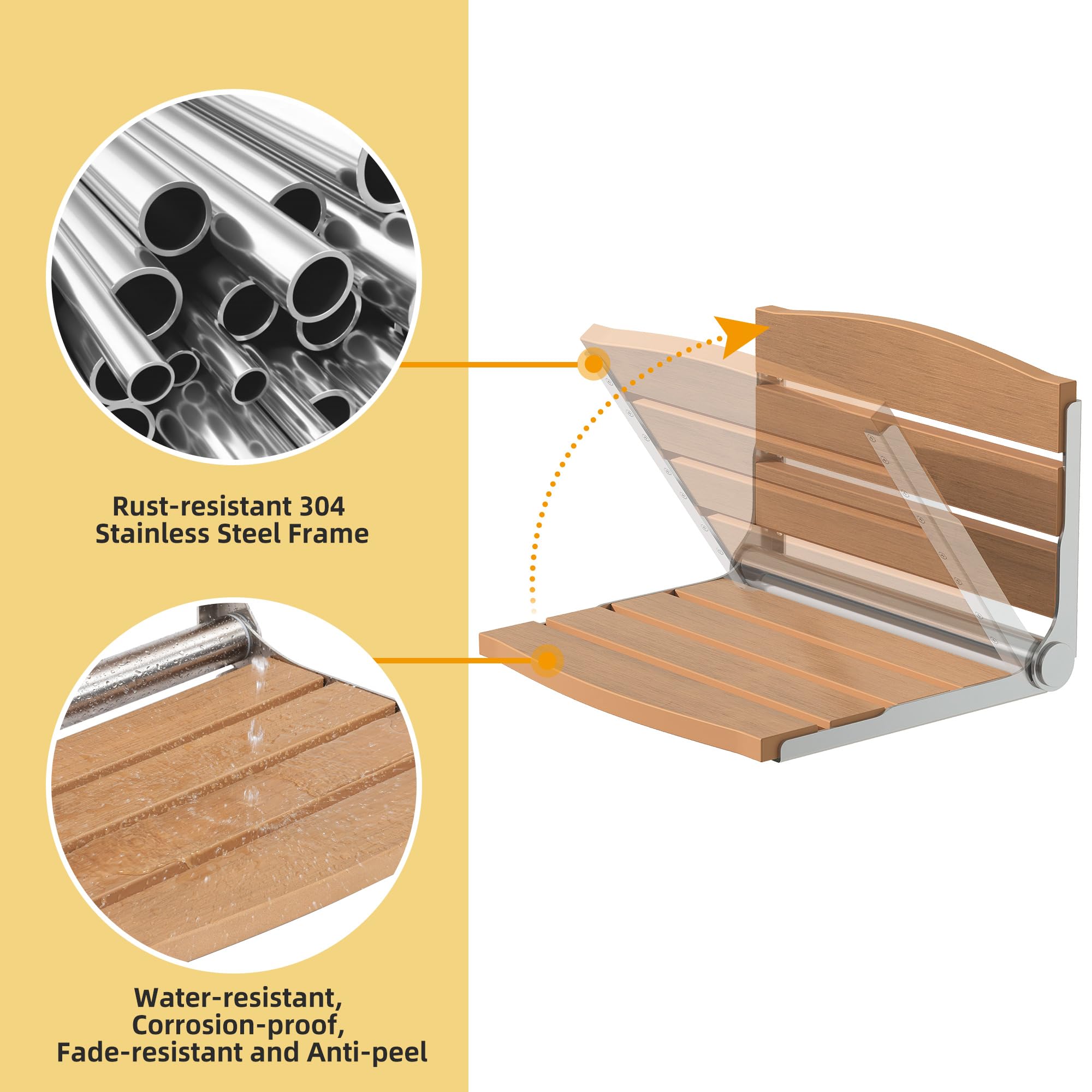 DWVO Foldable Shower Seat - Wall Mounted Shower Bench with Teak Wood - Adjustable Folding Shower Chair for Elderly, Disabled & Pregnant Women - Bathroom Safety Seat for Seniors Care, Home Accessibility & Spa Relaxation