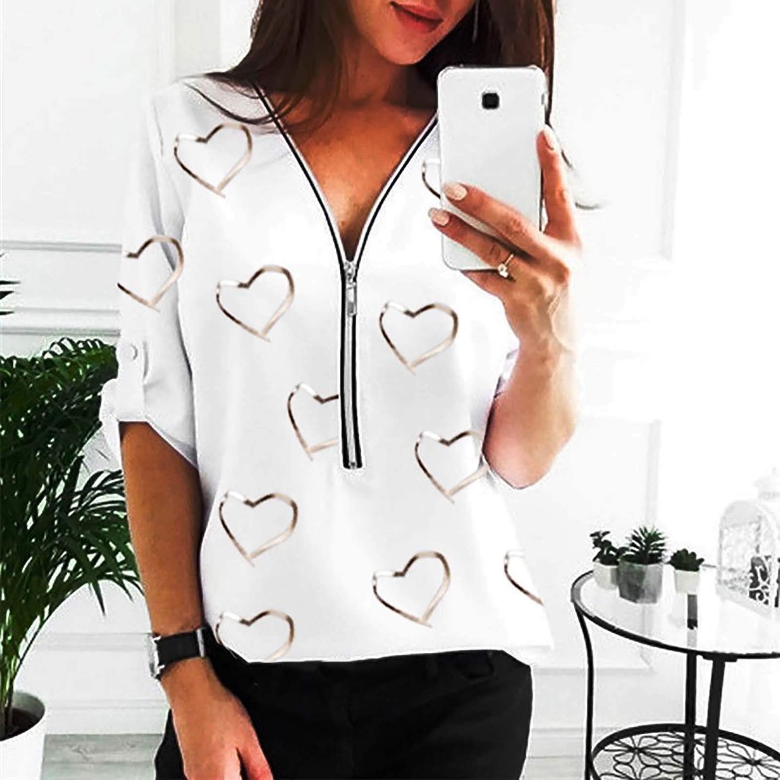 VOWUA Women's Long & Short Sleeve V-Neck Lace Blouse with Heart Print - Casual Tunic Tops for Spring | Perfect for Office Wear, Date Nights & Casual Outings