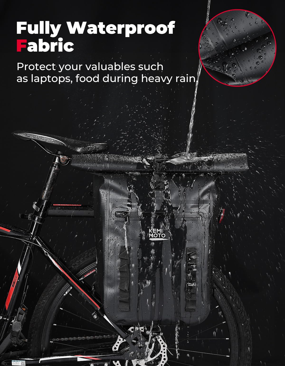 KEMIMOTO 30L Waterproof Bike Panniers Bag - Reflective Bicycle Rear Rack Pannier Backpack for Cycling, Commuting & Travel | Durable Black Bike Bag for Daily Use, Adventure Tours & Urban Riding