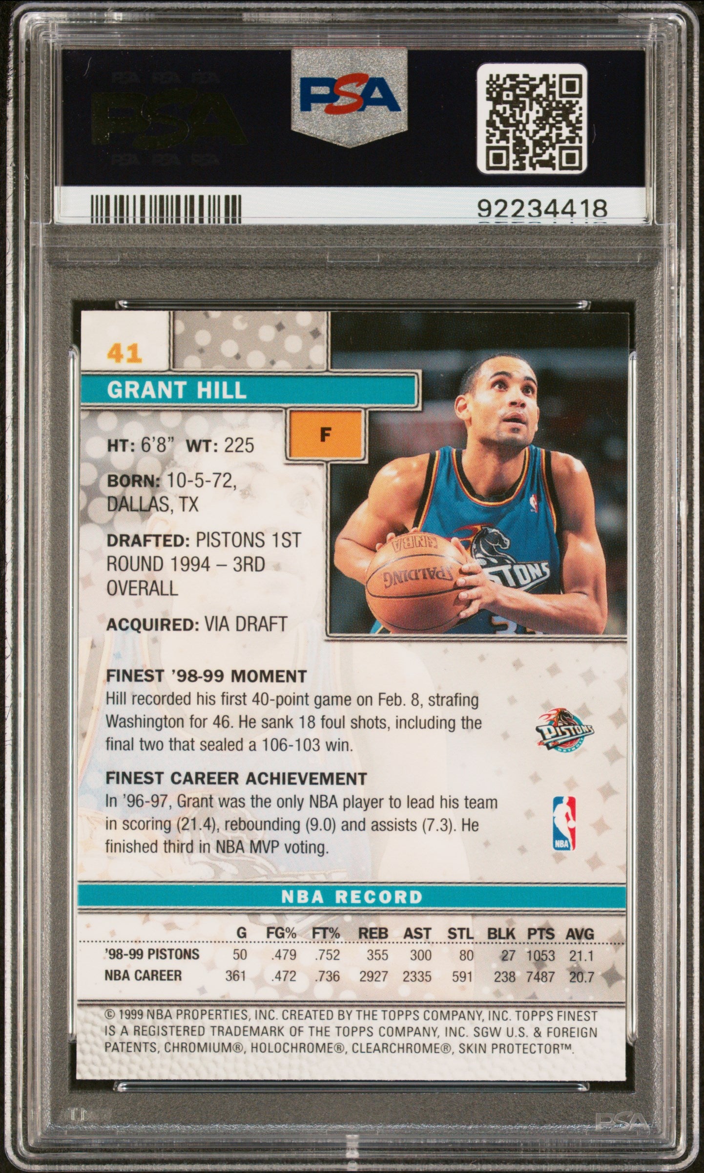 1999 Finest Grant Hill #41 PSA 10 Gem Mint Basketball Trading Card - Perfect for Collectors, Investors & Sports Memorabilia Enthusiasts