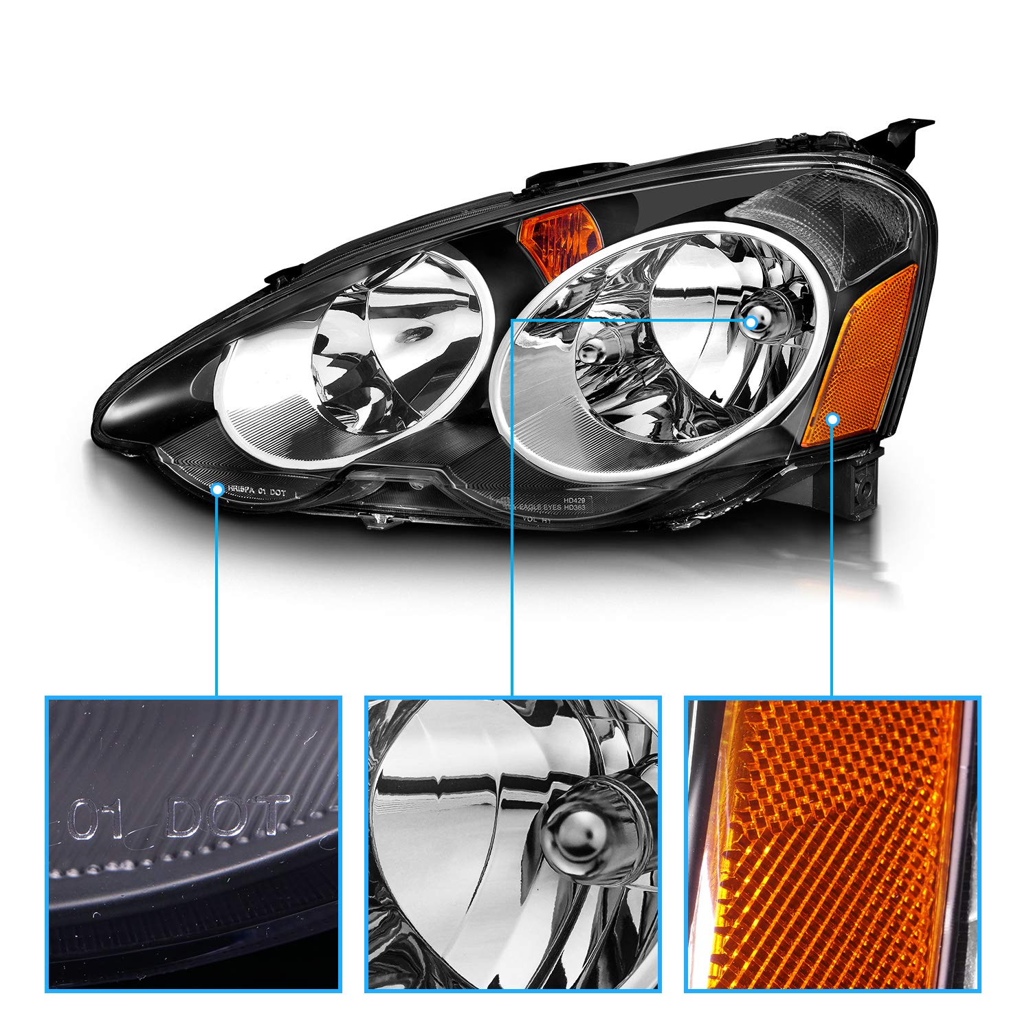 2002-2004 Acura RSX Honda Integra DC5 Black Replacement Headlights with Turn Signal Light Assembly Set - Left & Right Pair - Perfect for Night Driving & Car Restoration Projects