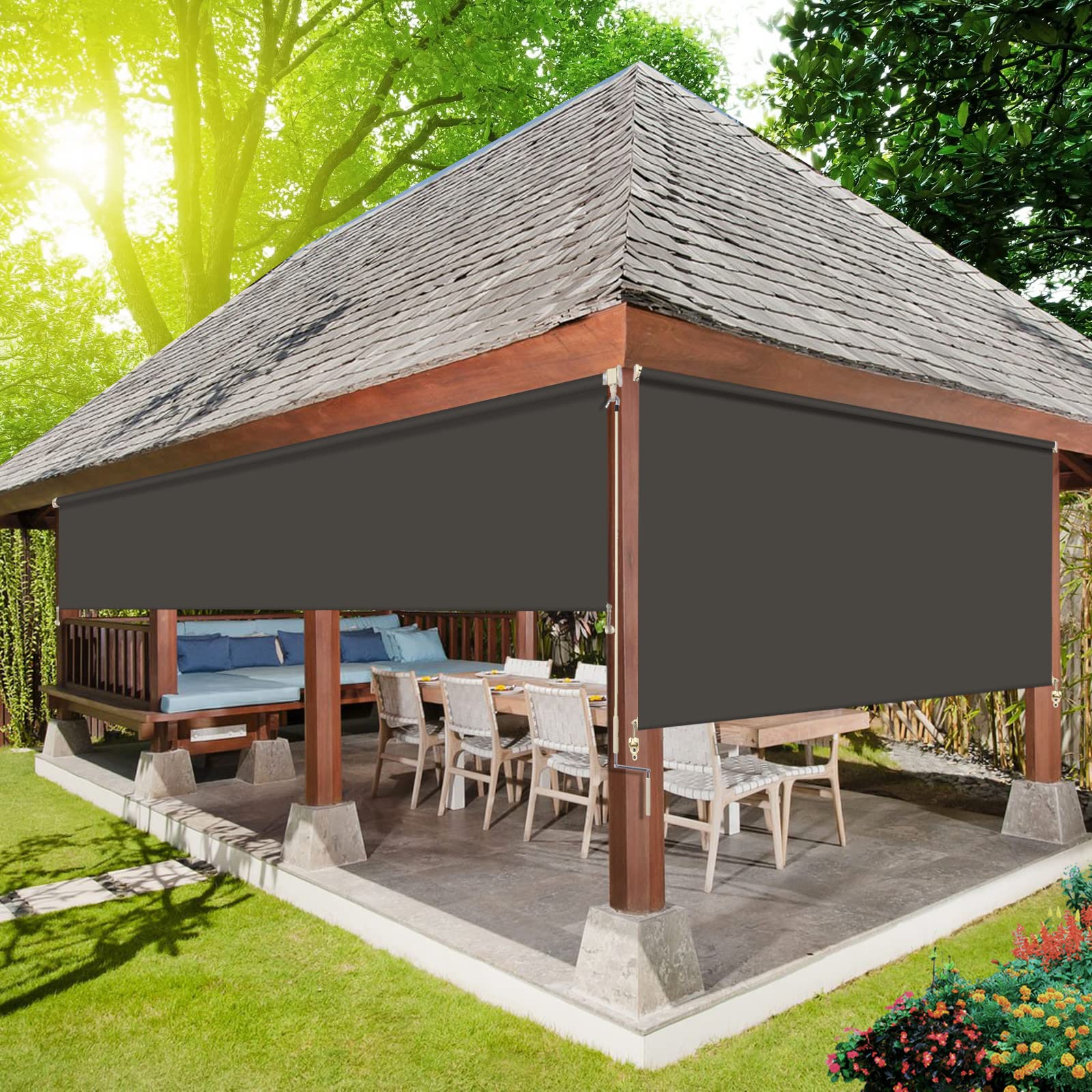 Exterior Roller Shades - Cordless Blackout Window Blinds with UV Protection | Dark Grey Waterproof Outdoor Fabric | Privacy Screen for Porch, Gazebo & Balcony | Perfect for Sun Protection & Outdoor Relaxation