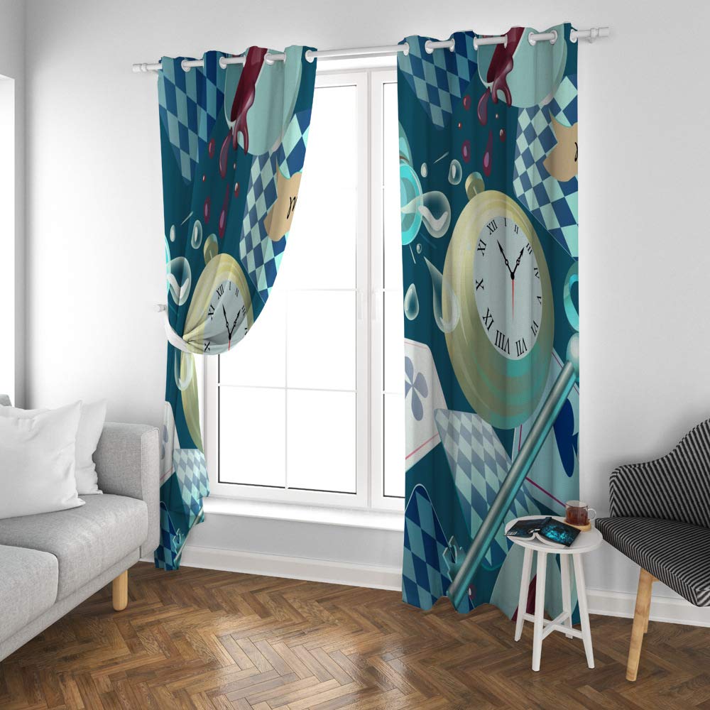 Kuizee Blackout Curtains 84x55 Inch - Sun Blocking Thermal Insulated Grommet Top Panels for Living Room & Bedroom | Alice in Wonderland Pocket Watch Key Design | All Season Home Decor for Better Sleep & Energy Savings
