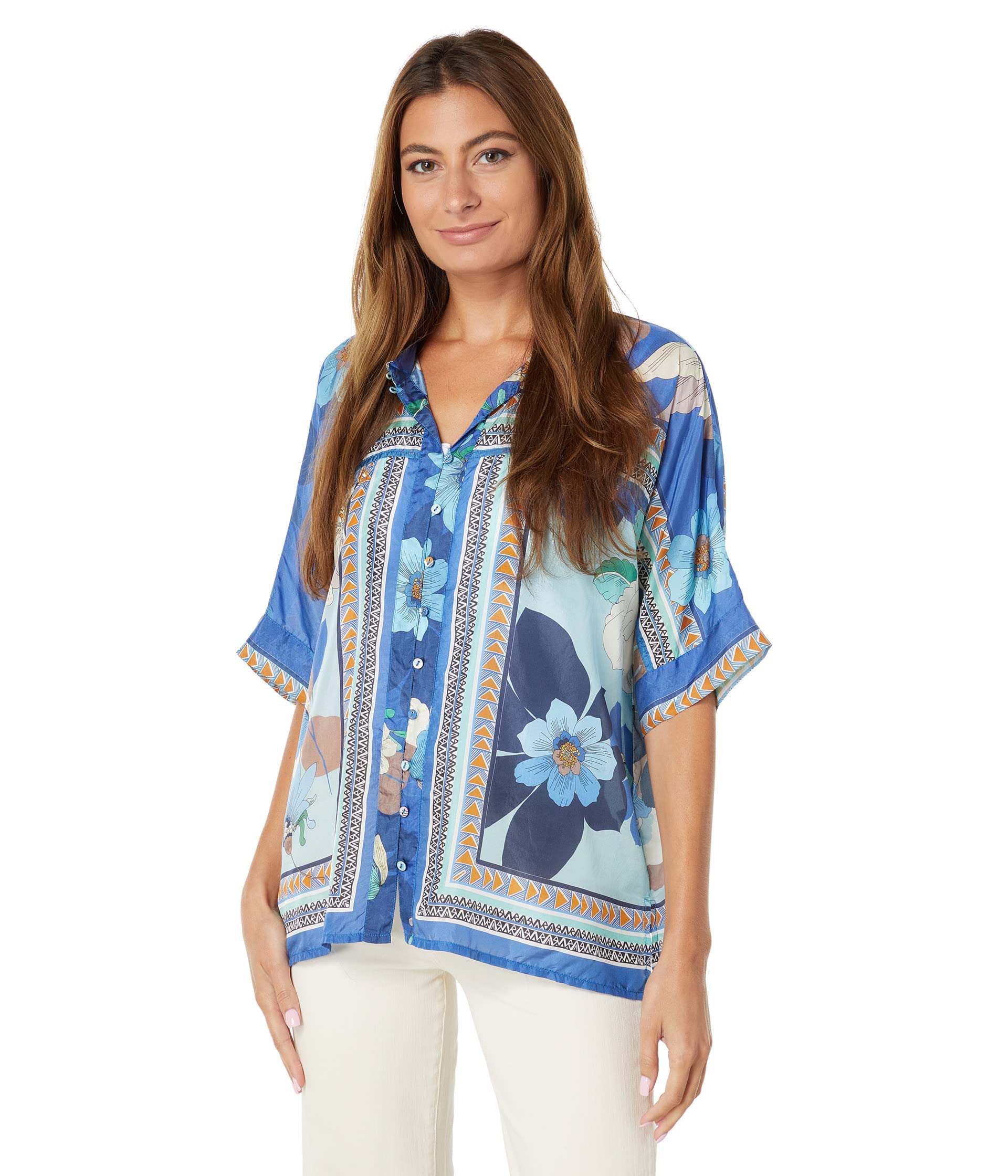 Johnny Was Tivoli DAMA Shirt for Women - Multi-Color Floral Print Blouse - Size XL - Boho Chic Style for Casual Wear & Summer Outfits