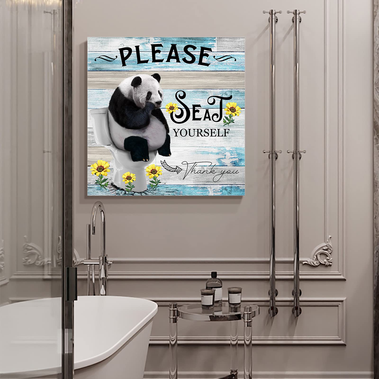 Panda on Toilet Canvas Wall Art - 20x20 Inch Funny Animal Painting for Living Room & Office Decor - Ready to Hang Sunflower Rustic Wooden Plank - Perfect for Bathroom Humor & Unique Home Decor Gifts