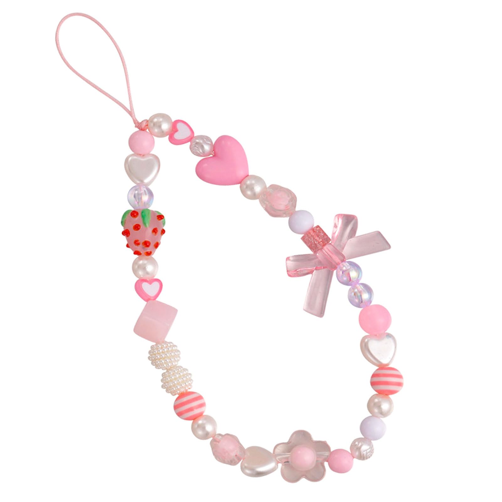 Cute Kawaii Strawberry Phone Charms with Bowknot Heart - Pink/White Beaded Phone Strap for iPhone, AirPods & Keys - Aesthetic Accessory for Girls, Teens & Women | Perfect for School, Work & Daily Use