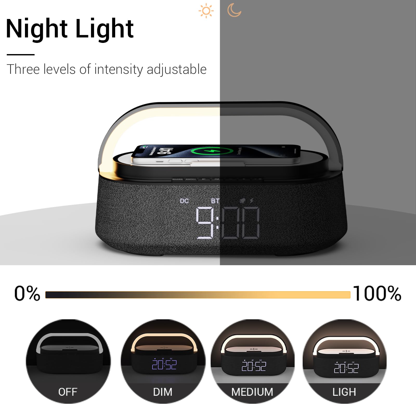 FREEFISH Bluetooth Speaker with Wireless Charger - 15W Fast Charging, FM Radio, Adjustable LED Night Light, Dual Wireless Pairing, Bluetooth 5.0 - Perfect for Home, Office, Travel & Outdoor Adventures