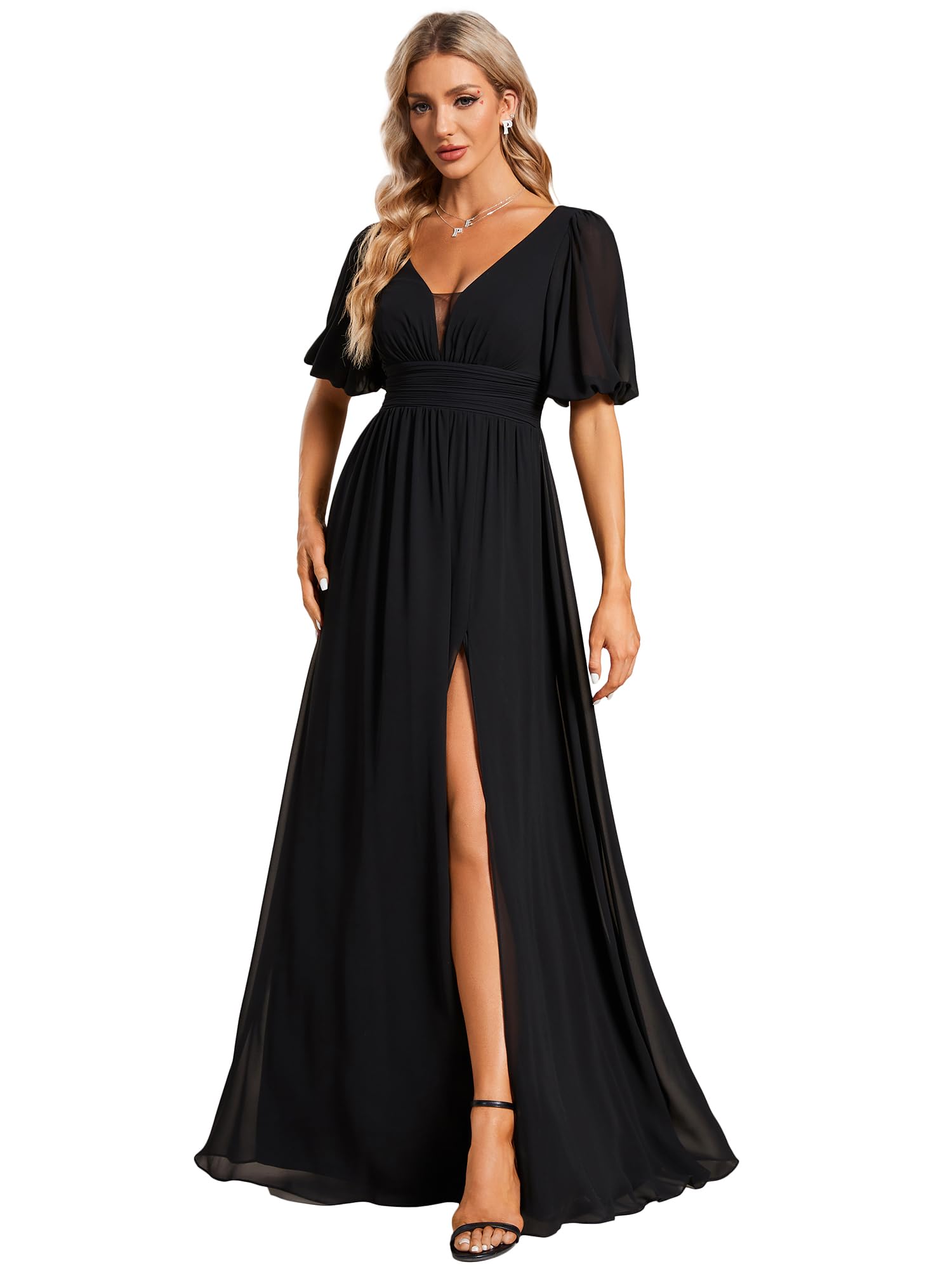 Ever-Pretty Women's Elegant Double V-Neck Puffy Sleeves Chiffon Evening Dress with Side Slit - A-Line Floor Length Gown for Prom, Wedding Guest & Formal Events (Style 01385)