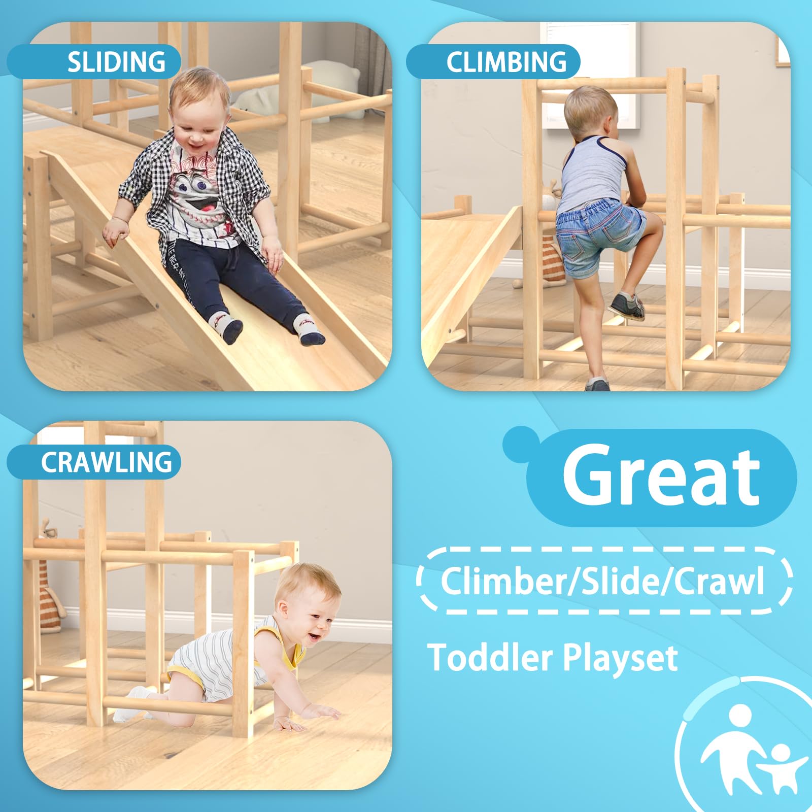Montessori Wooden Indoor Jungle Gym Climber Playset with Slide - Toddler Climbing Toys & Multifunctional Playground for Kids - Perfect for Home Playrooms, Daycares, and Indoor Active Play