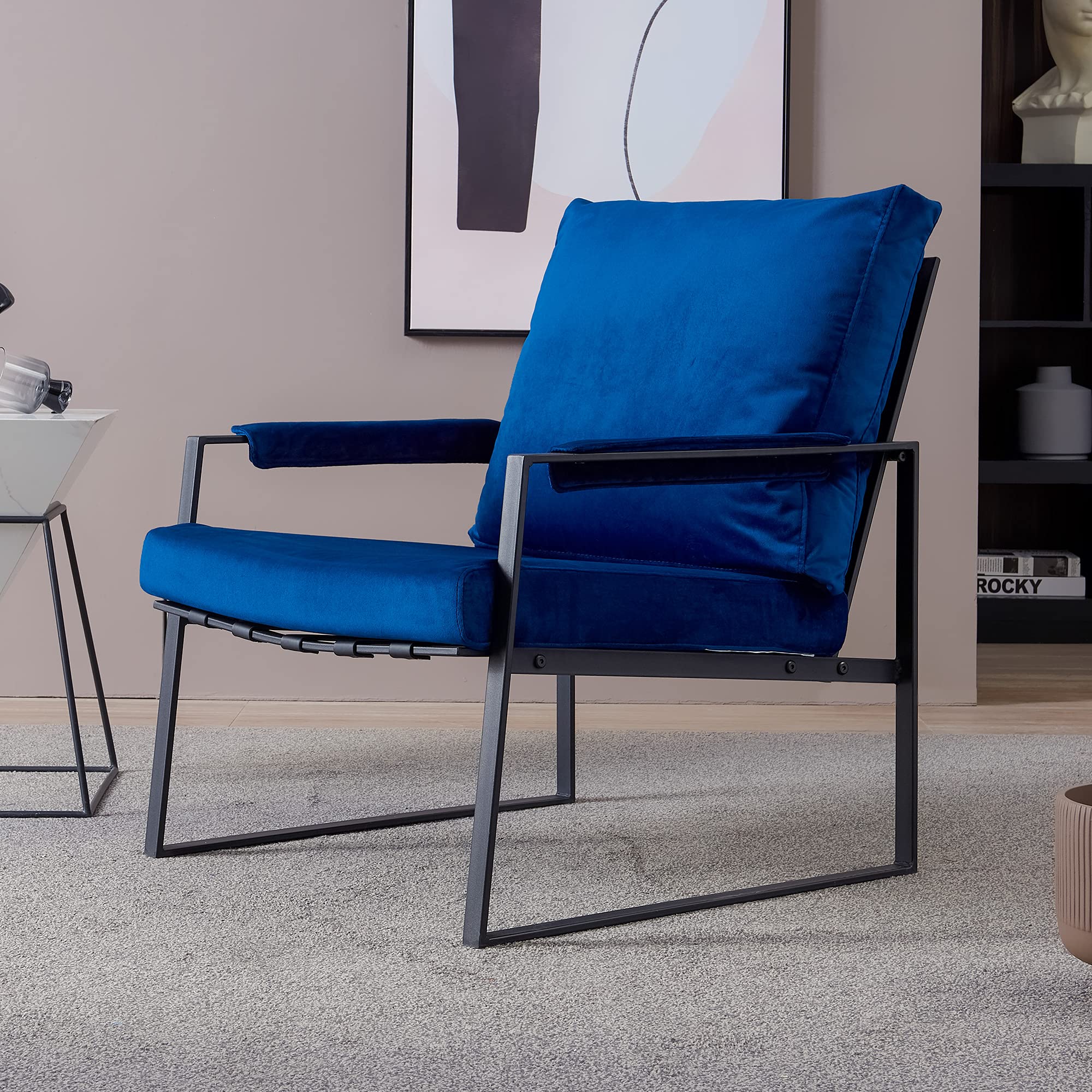 Modern Velvet Papasan Egg Chair - Blue Accent Chair for Living Room, Bedroom & Office - Single Arm Lounge Chair with Cushion - Aesthetic Home Decor by IANIYA - Perfect for Relaxing, Reading & Small Spaces