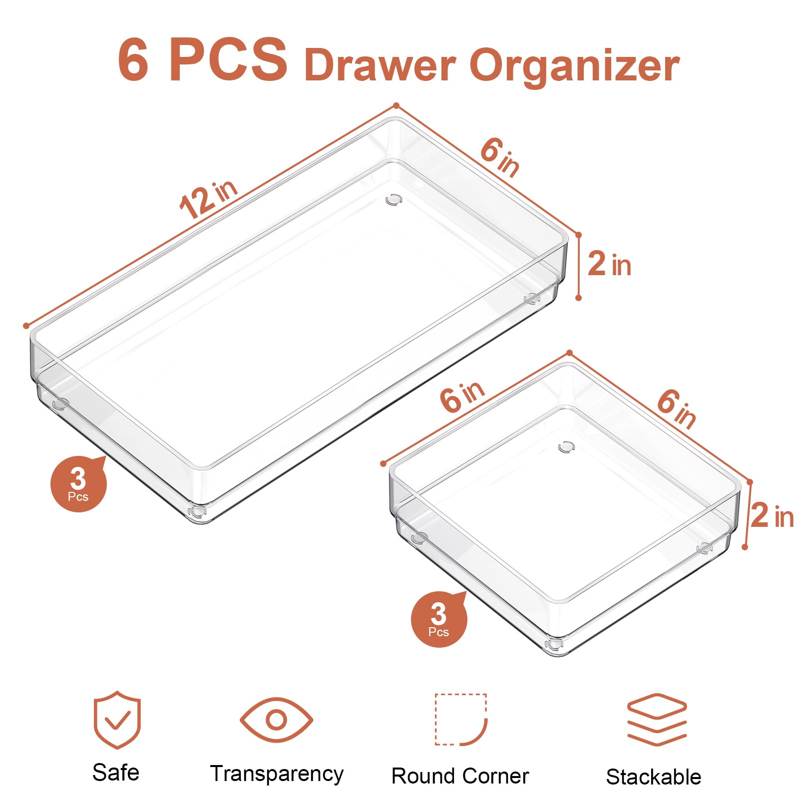 SMARTAKE 6-Piece Clear Plastic Drawer Organizer Set - Large Non-Slip Desk & Vanity Storage Trays for Makeup, Office Supplies, Kitchen Utensils (2 Sizes) | Perfect for Bathroom, Bedroom & Home Organization