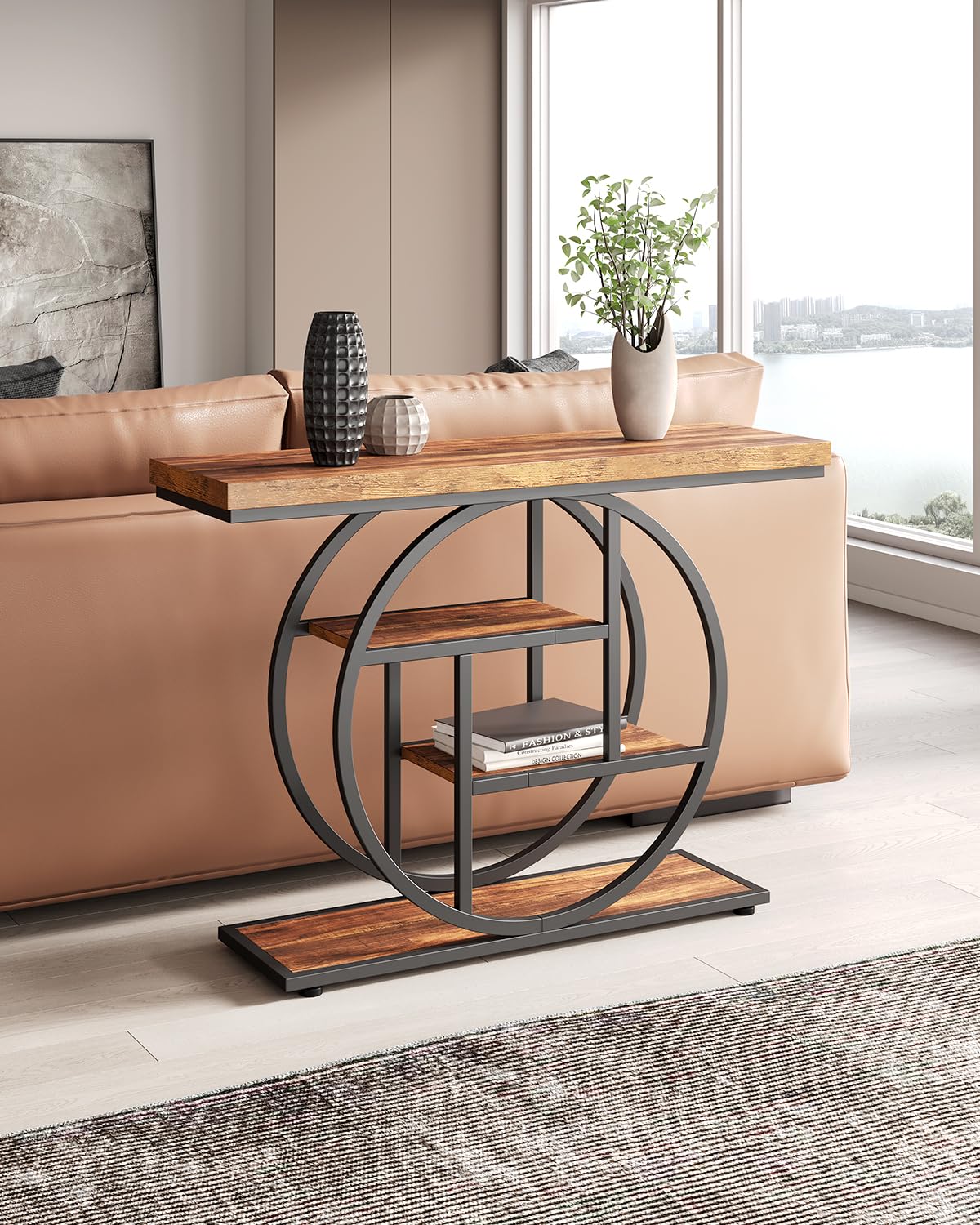 LITTLE TREE 4-Tier Console Table - 41.3 Inch Industrial Entryway Sofa Table for Living Room, Rustic Brown & Black Hallway Furniture - Perfect for Small Space Organization & Home Decor