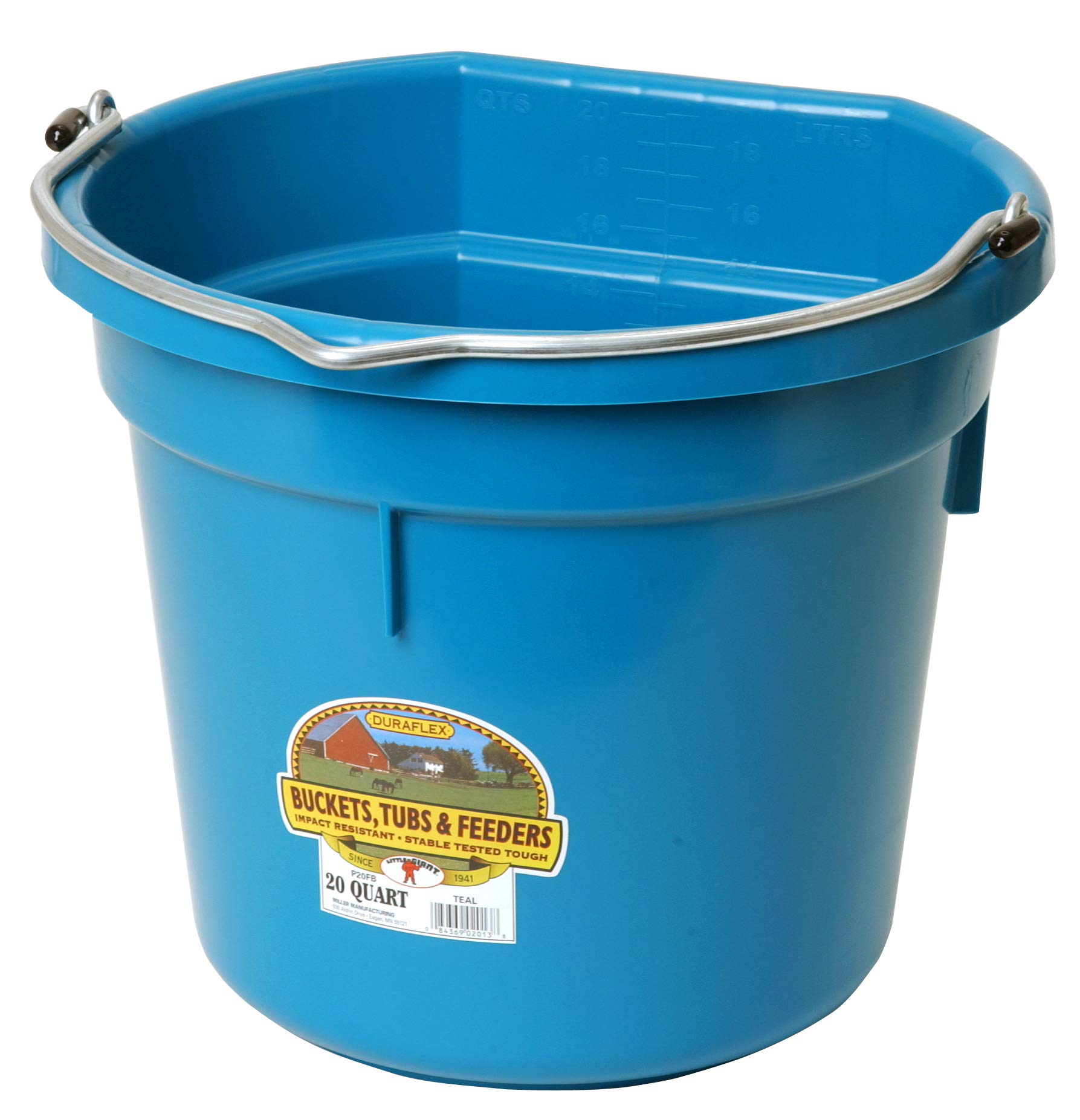 Little Giant® 20-Quart Flat Back Plastic Animal Feed Bucket with Metal Handle - Durable Horse Feed & Water Bucket for Stable, Farm & Ranch Use - Teal Color