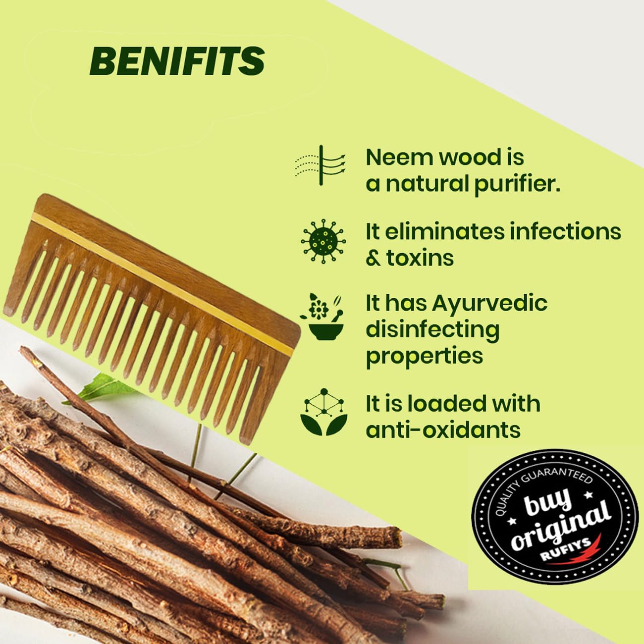 Rufiys Wide Tooth Comb for Curly Hair - Neem Wood Anti-Dandruff Hair Comb for Women & Men | Promotes Hair Growth | Perfect for Detangling Wet/Dry Hair, Styling Natural Curls & Scalp Massage
