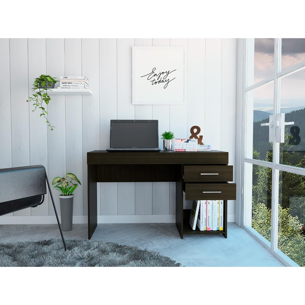 Tuhome Ibare 2 Drawer Computer Desk with Lower Shelf - Black, Modern Home Office Desk for Small Spaces, Perfect for Work, Study, and Gaming Setup