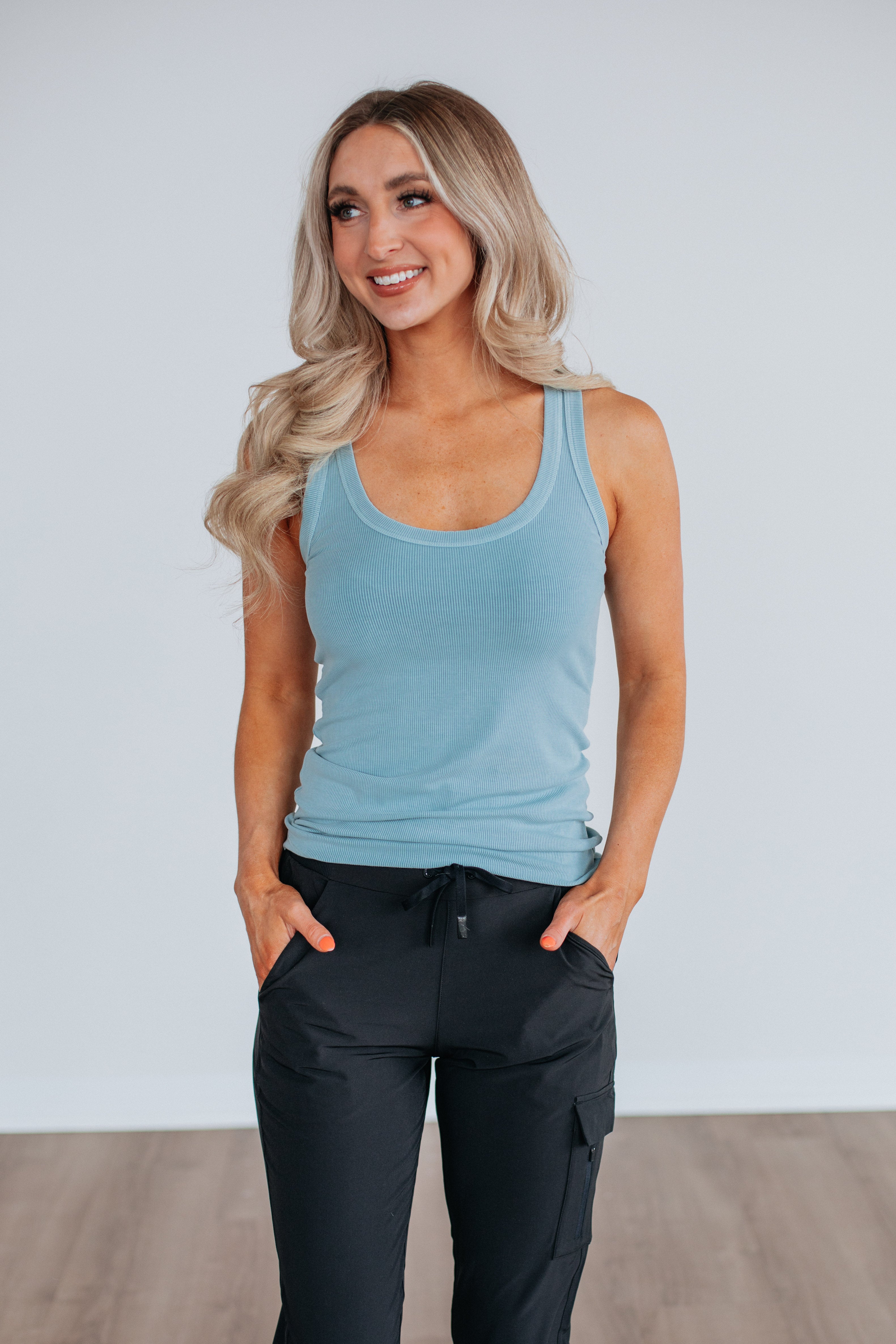 Brinney Ribbed Tank Top for Women - Vintage Retro Blue Casual Sleeveless Shirt - Perfect for Summer Outfits, Beach Wear, and Layering