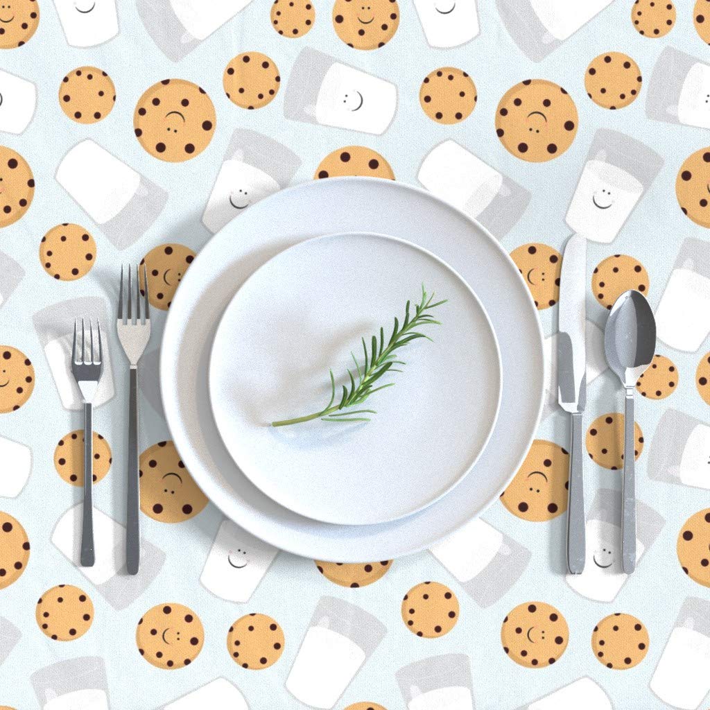Custom Happy Milk Cookies Blue Kawaii Print Cotton Sateen Tablecloth 70x90 Inches - Washable Durable Table Linens for Dining Room, Kitchen, Party Decor & Gift