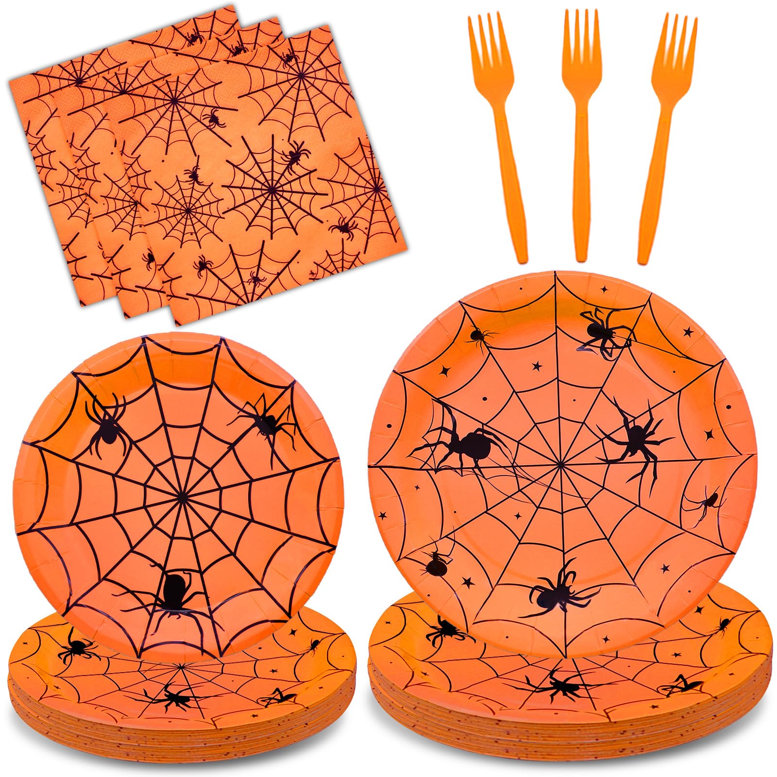 96-Piece Halloween Spider Web Disposable Tableware Set - Orange Paper Plates, Napkins & Forks for Spooky Parties, Birthday Decor - Serves 24 | Perfect for Halloween Dinners, Themed Events & Scary Decorations