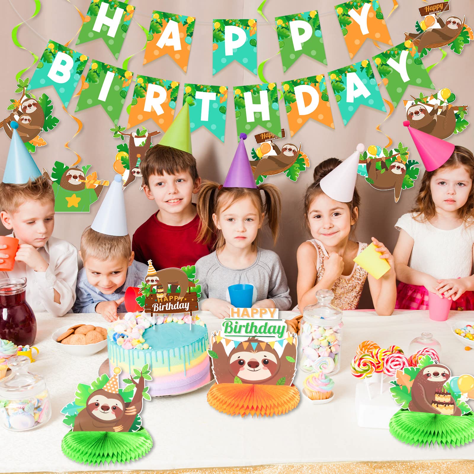 Sloth Birthday Party Decorations Set - Sloth Theme Happy Birthday Banner, Cake Toppers & 3-Piece Honeycomb Table Centerpieces for Baby Showers, Kids Birthdays & Sloth-Themed Events