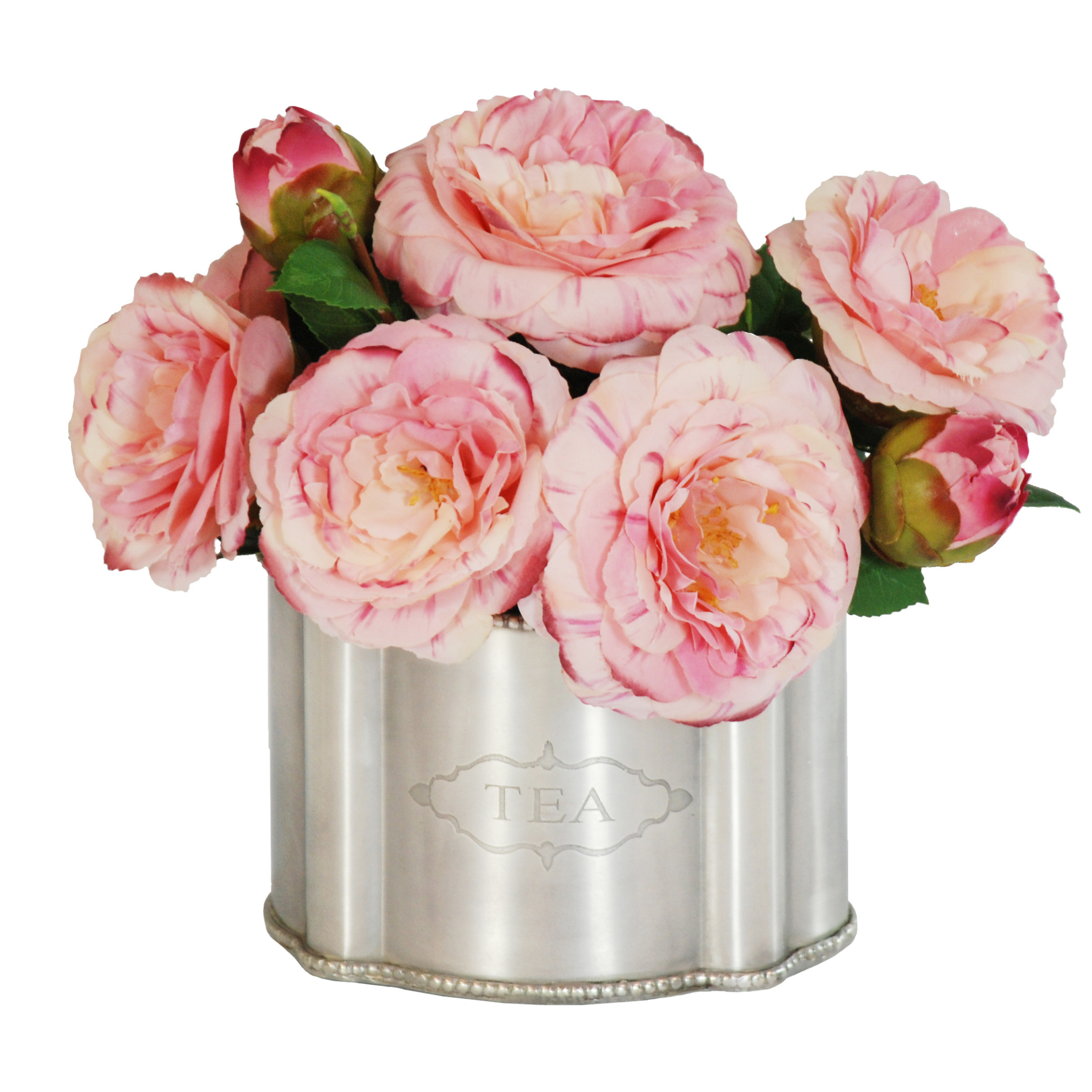 Elegant Camellia Flower Arrangement in Silver Tin - Perfect for Home Decor, Wedding Centerpieces & Gift Giving