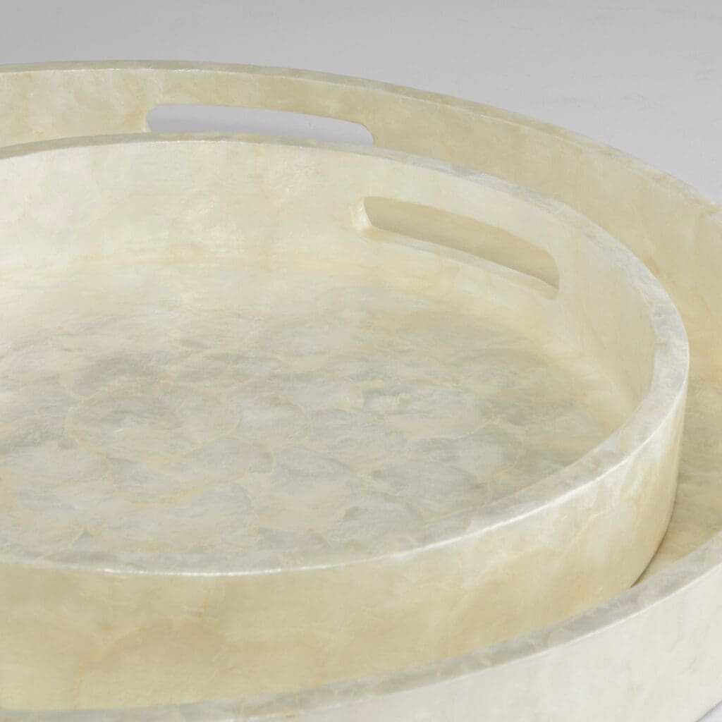 Cyan Design 11688 Triton 16 Inch Round Tray - Pearl Finish Small Decorative Tray for Home Decor, Bathroom Vanity, Jewelry Display & Coffee Table Organization