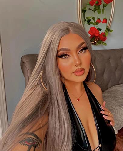 24 Inch Gray Synthetic Lace Front Wig - Natural Straight Heat Resistant Hair Replacement for Women | Perfect for Cosplay, Daily Wear & Special Occasions