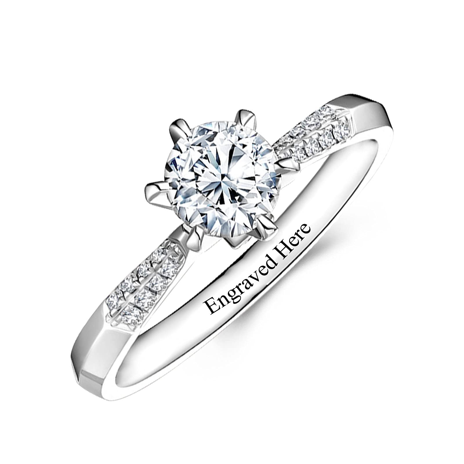 DIYA Sterling Silver 6 Prong 1ct 6.5mm Round Moissanite Diamond Engagement Ring for Women - Custom Engraved Wedding Band, Anniversary Gift | Perfect for Proposals, Bridal Jewelry & Special Occasions