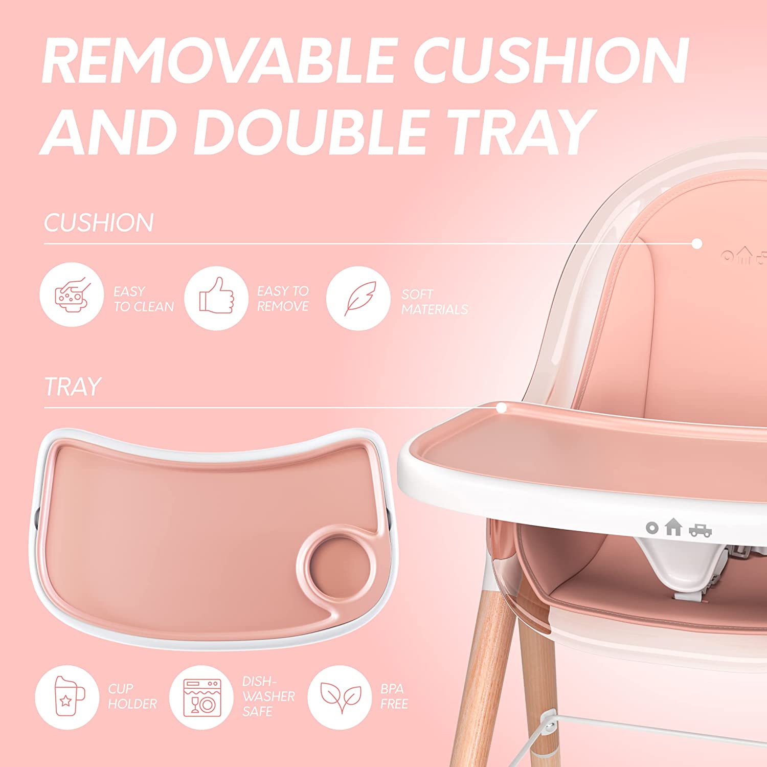 Premium Deluxe High Chair for Babies & Toddlers with Removable Cushion - Adjustable Height & Easy Clean for Dining, Feeding & Playtime