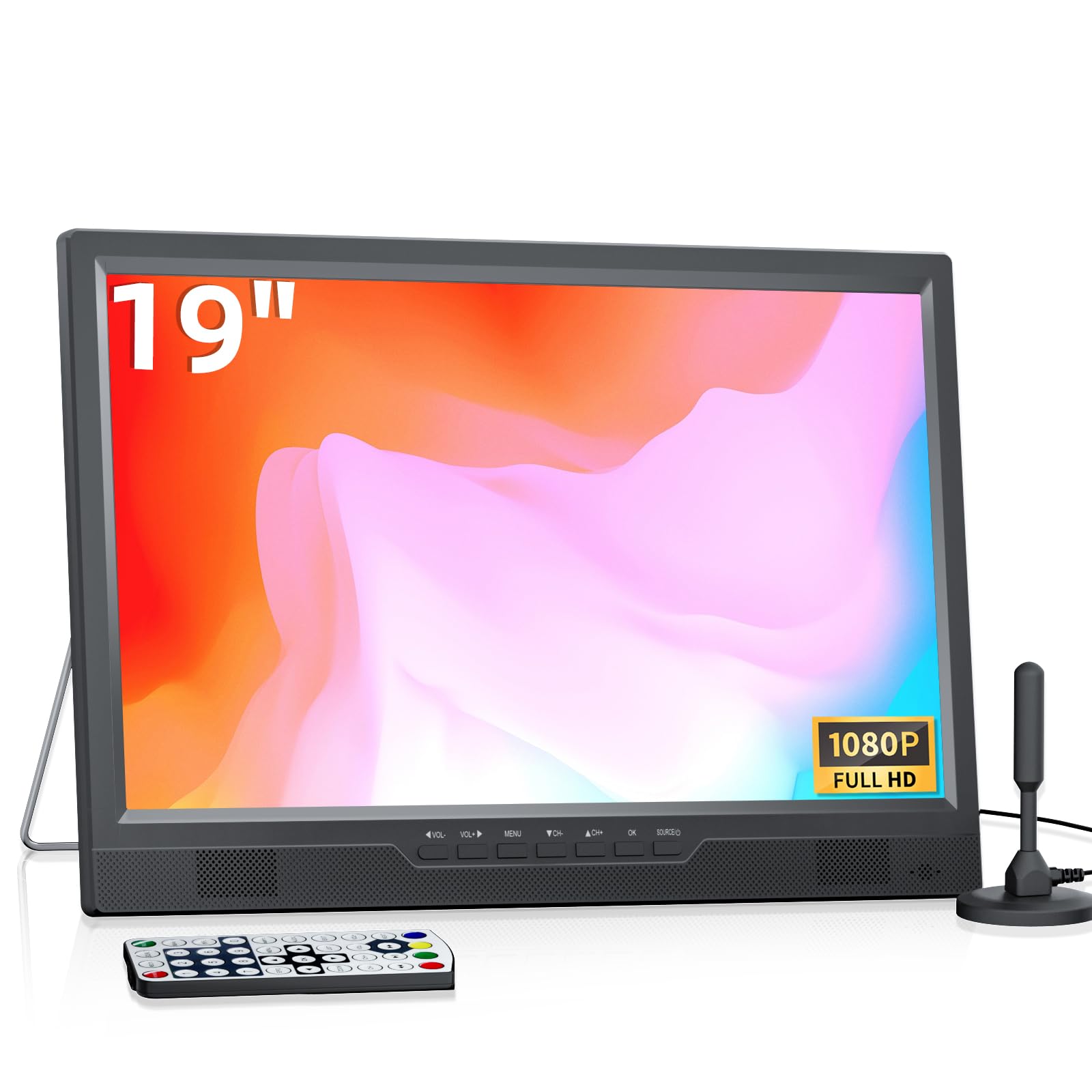 NORTHING 19 Inch Portable LED TV with Antenna - 1080P HD Small Television with HDMI, AV Input & USB Port - Built-in Stand Compact Monitor for Kitchen, Bedroom, RV, Camping (No Button/Coin Battery Required)