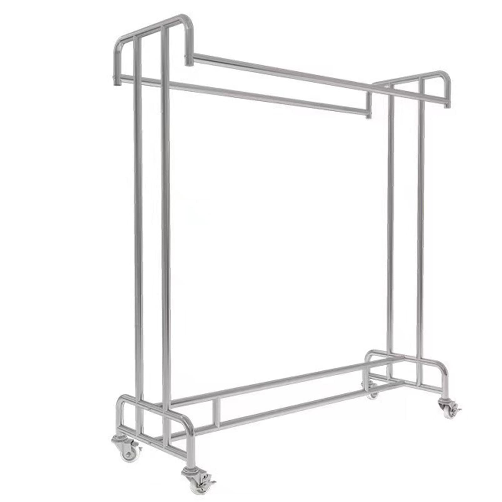 Heavy Duty Stainless Steel Rolling Garment Rack - Double Rail Floor Standing Clothes Organizer with Wheels for Retail Store & Home Use | Modern Clothing Display Stand for Hanging Clothes, Bedroom & Closet Organization