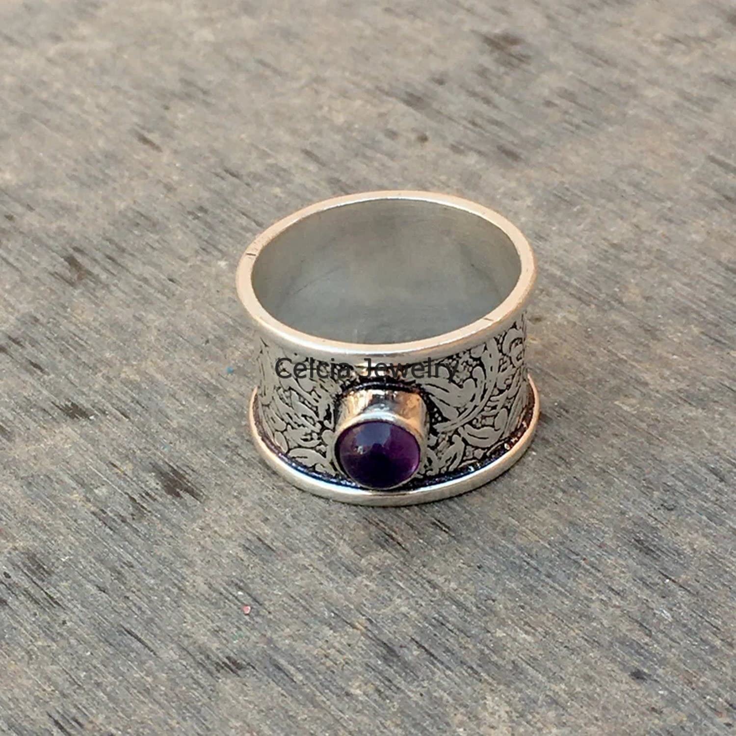 Genuine Amethyst Cabochon Round Spinning Ring - Anxiety Relief Fidget Ring, Worry Silver Spinner Ring for Meditation, February Birthstone Jewelry, Mothers Day Gift (US Size 7) - Perfect for Stress Relief, Focus & Mindfulness Practice