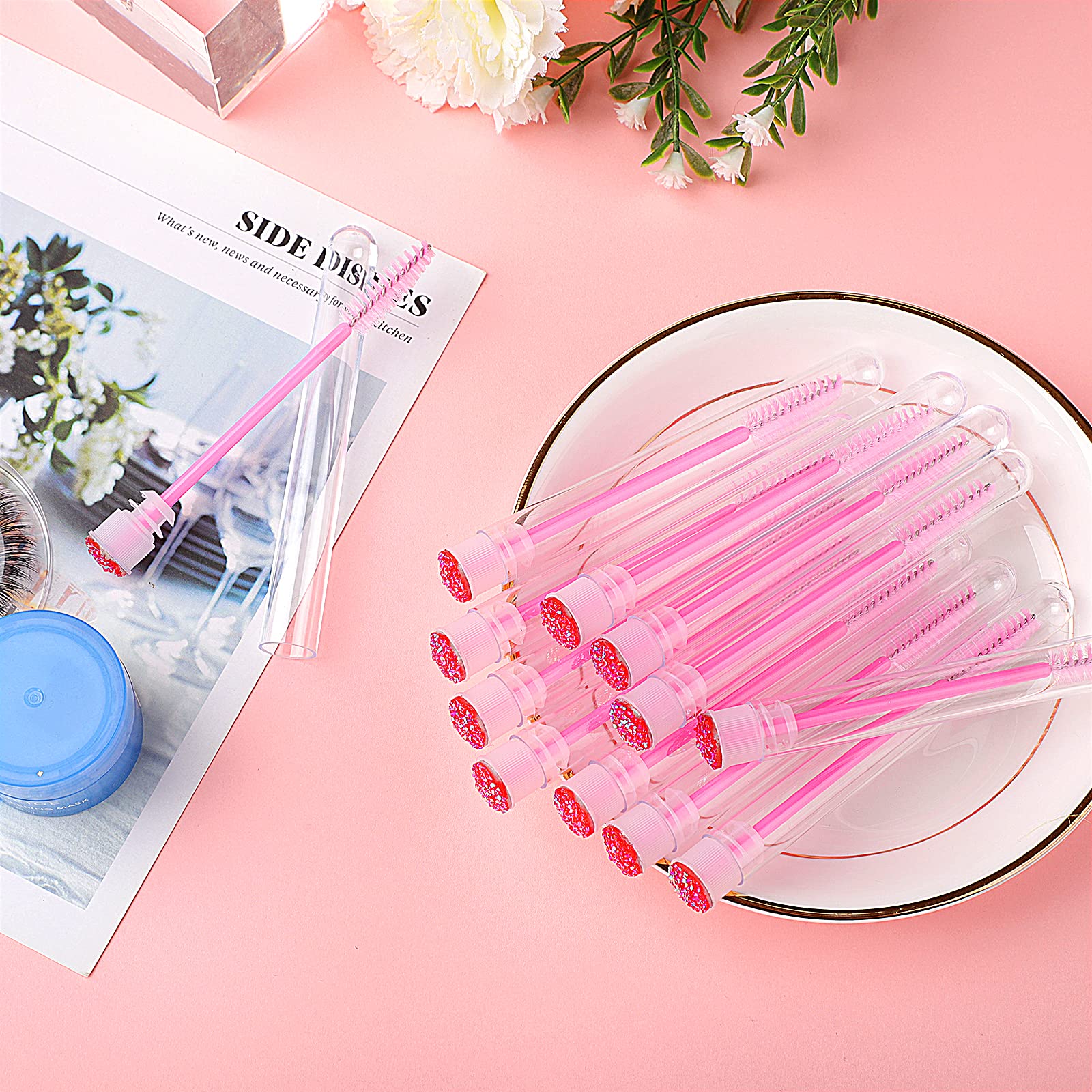 20pcs Eyelash Brushes - Professional Lash Wands for Makeup & Eyelash Extensions - Diamond Mascara Cleaning Brushes (Pink) - Perfect for Salon, Home Use & Travel Makeup Kit