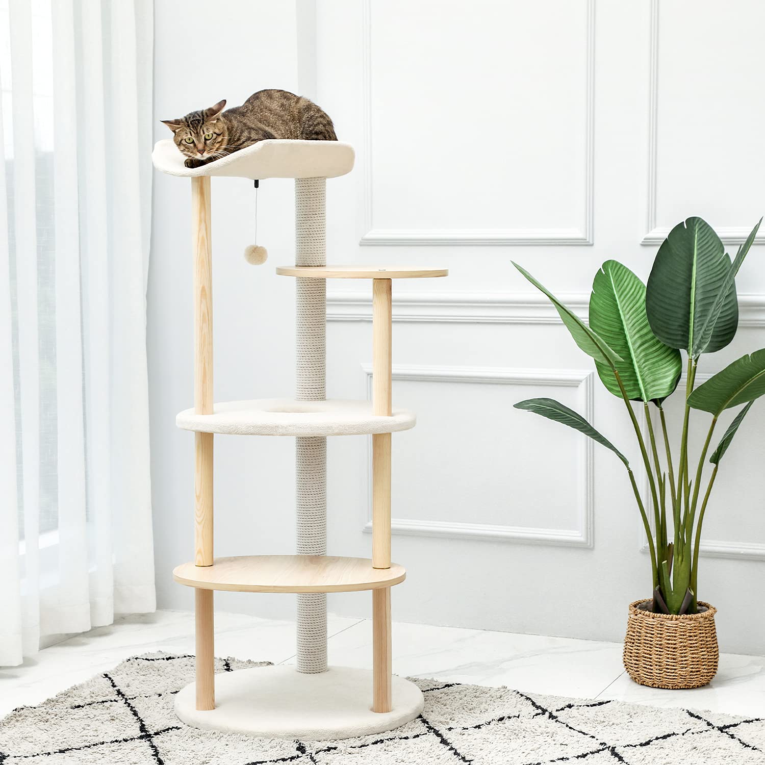 Modern Multi-Level Cat Tree Tower with Scratching Posts - Wooden Cat Activity Center for Indoor Cats - Beige | Perfect for Small Spaces, Playtime & Climbing
