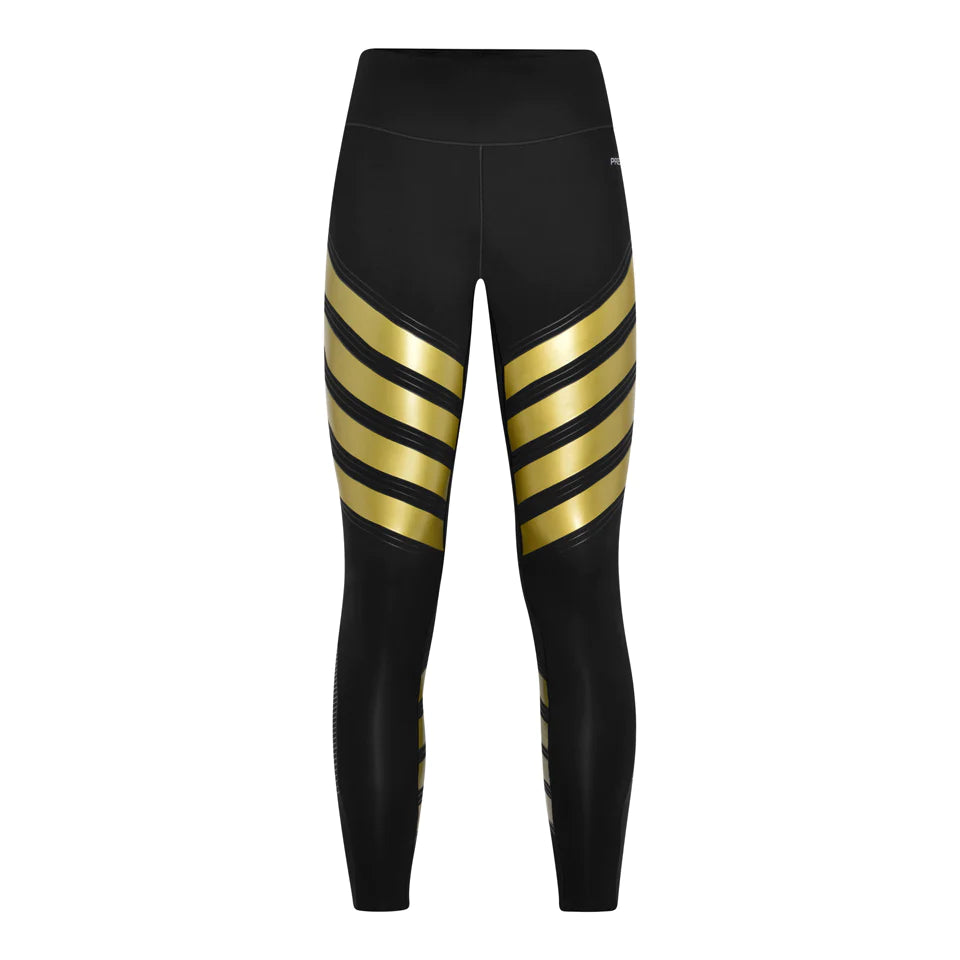 Pressio Women's Power Tight Mid Rise Workout Leggings - Black/Gold - High Waisted Yoga Pants for Running, Gym & Fitness Training