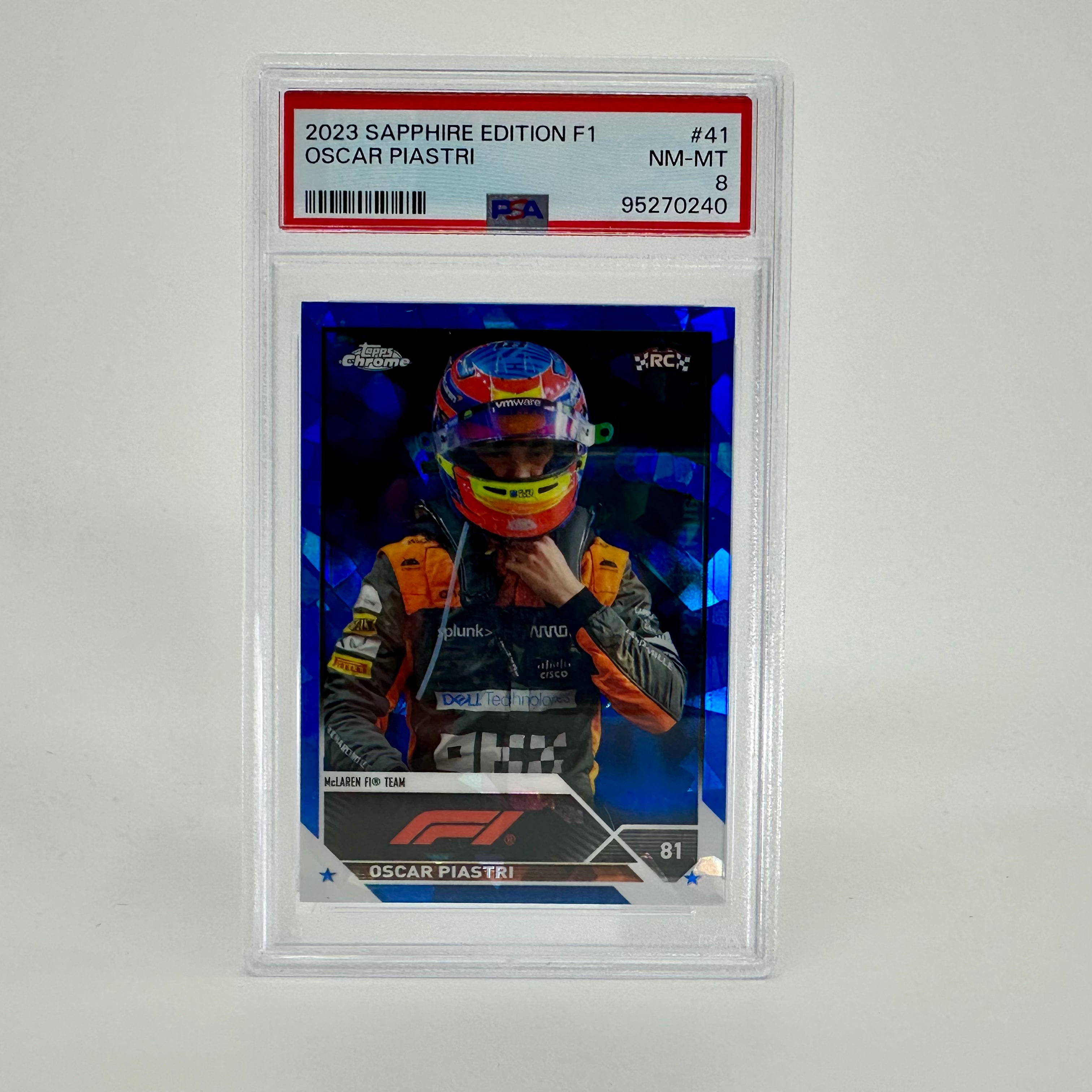 PSA 8 Oscar Piastri #41 Sapphire Edition 2023 Topps Chrome F1 Rookie Card - Collectible Racing Memorabilia for F1 Fans & Sports Card Enthusiasts
