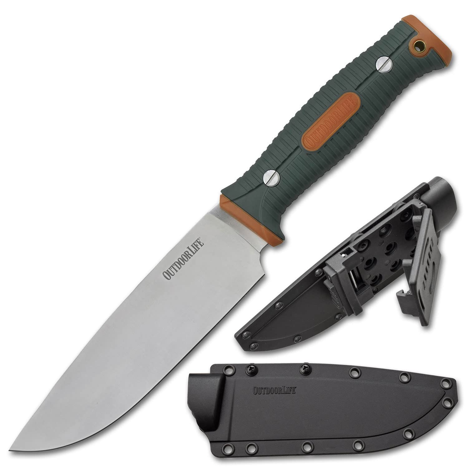 Outdoor Life Fixed Blade Camp Chef Knife – Full Tang Satin Finish Blade, Orange & Green Molded Nylon Fiber Handle, Rigid Nylon Sheath – Ideal for Hunting, Camping, Cooking, Survival, and Outdoor Adventures