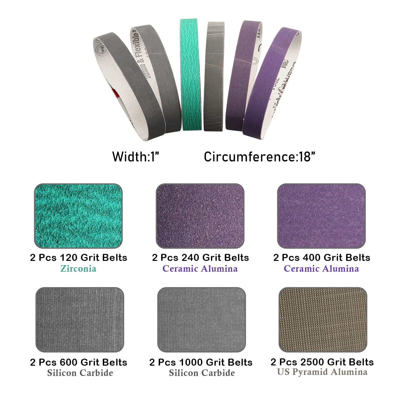 1 x 18 Inch Sanding Belts for Knife Sharpening - 12-Pack Grit Kit (120, 240, 400, 600, 1000, 2500) - Compatible with Work Sharp Blade Grinder & Ken Onion Edition Knife Sharpener - Perfect for DIY Knife Maintenance, Woodworking, and Metal Polishing