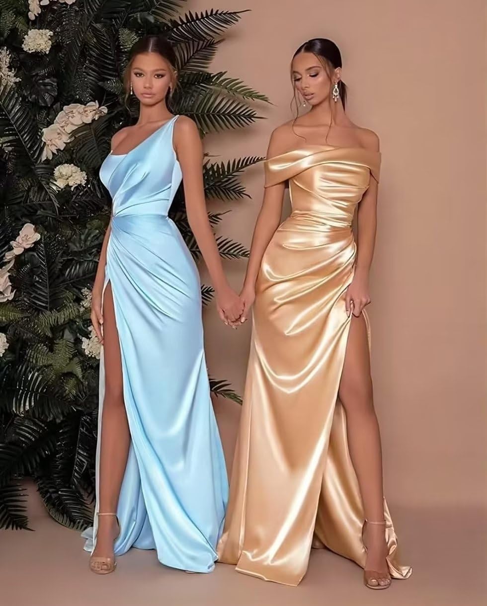 Elegant One Shoulder Prom Dresses for Women - Formal Evening Party Gown with High Slit - Satin Bridesmaid Dress for Wedding, Homecoming & Special Occasions