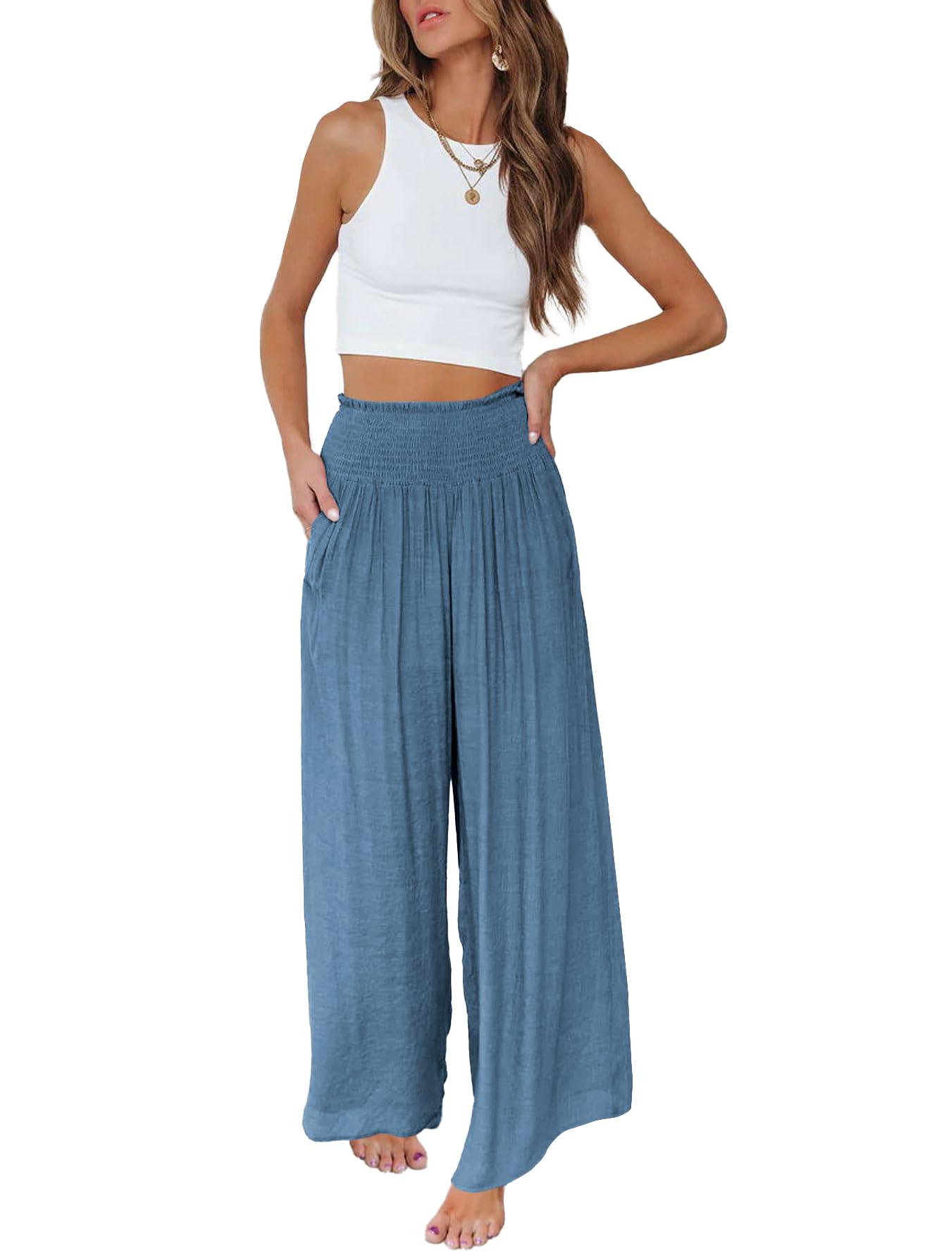 OPOIPIN Women's Smocked High Waisted Lounge Pants - Wide Leg Comfortable Long Trousers with Pockets for Casual Wear, Yoga & Home Relaxation