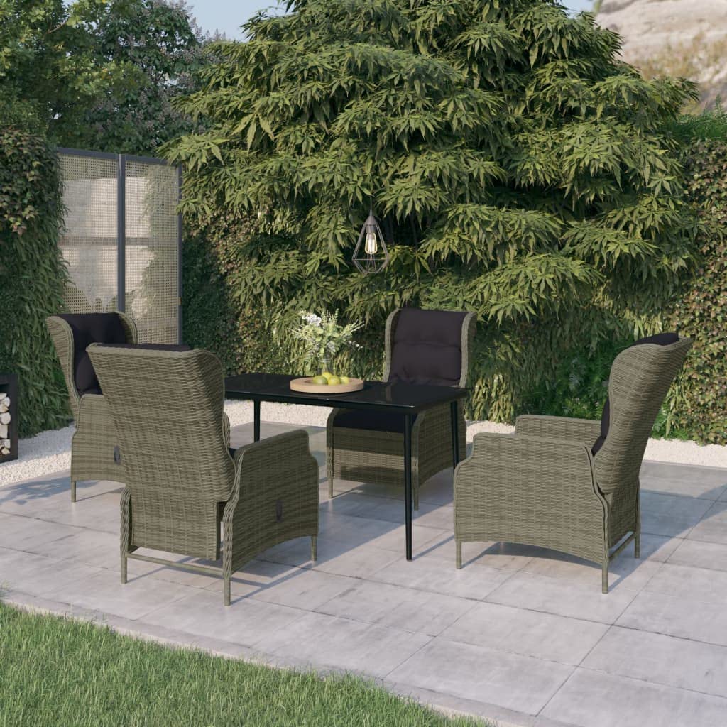 5-Piece Patio Dining Set with Adjustable Reclining Chairs & Tempered Glass Table - Brown Rattan Wicker Outdoor Furniture with Black Weather-Resistant Cushions - Perfect for Backyard, Garden, Poolside or Terrace Relaxation
