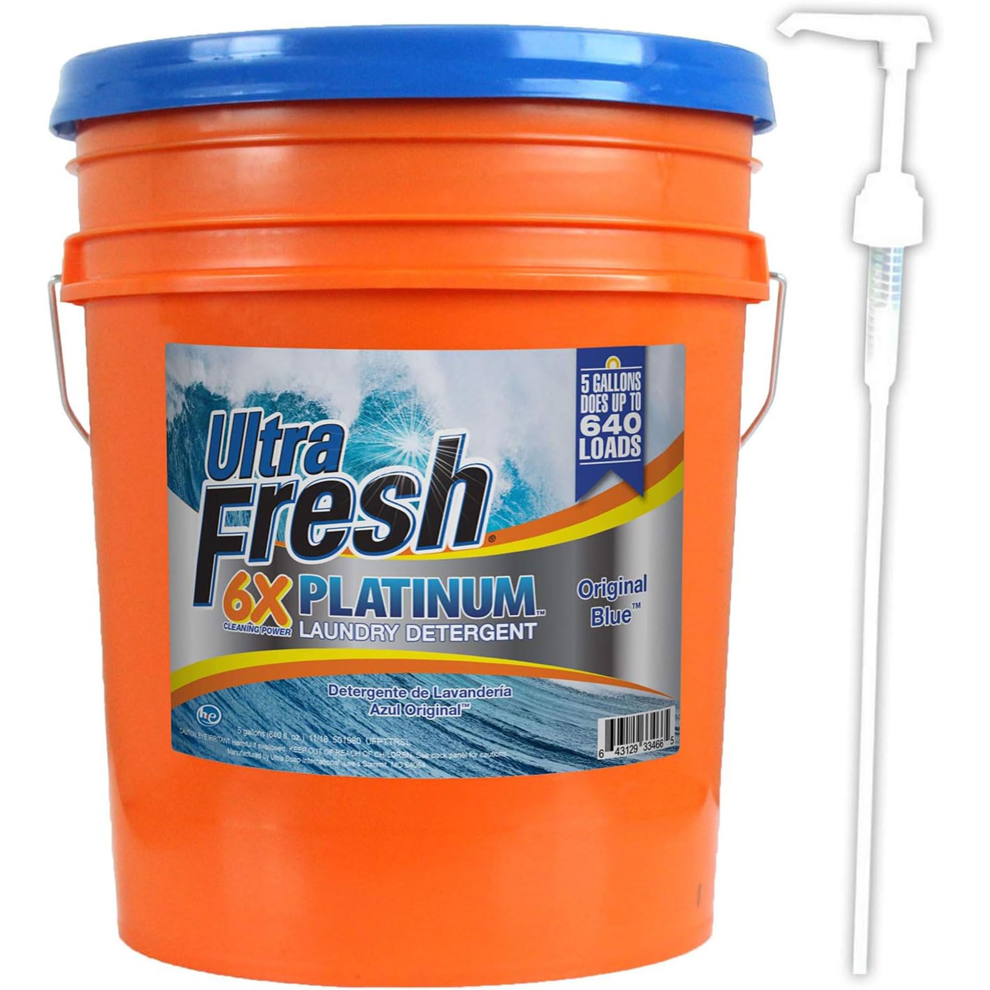 **6X Concentrated Platinum 5 Gallon Laundry Detergent Liquid - Works in All Washing Machines (HE, Top Load, Front Load) with Easy Dispensing Pump - 640 Loads per Jug - Original Blue Scent (5 Pack) - Ideal for Large Families, Laundromats & Commercial Use**